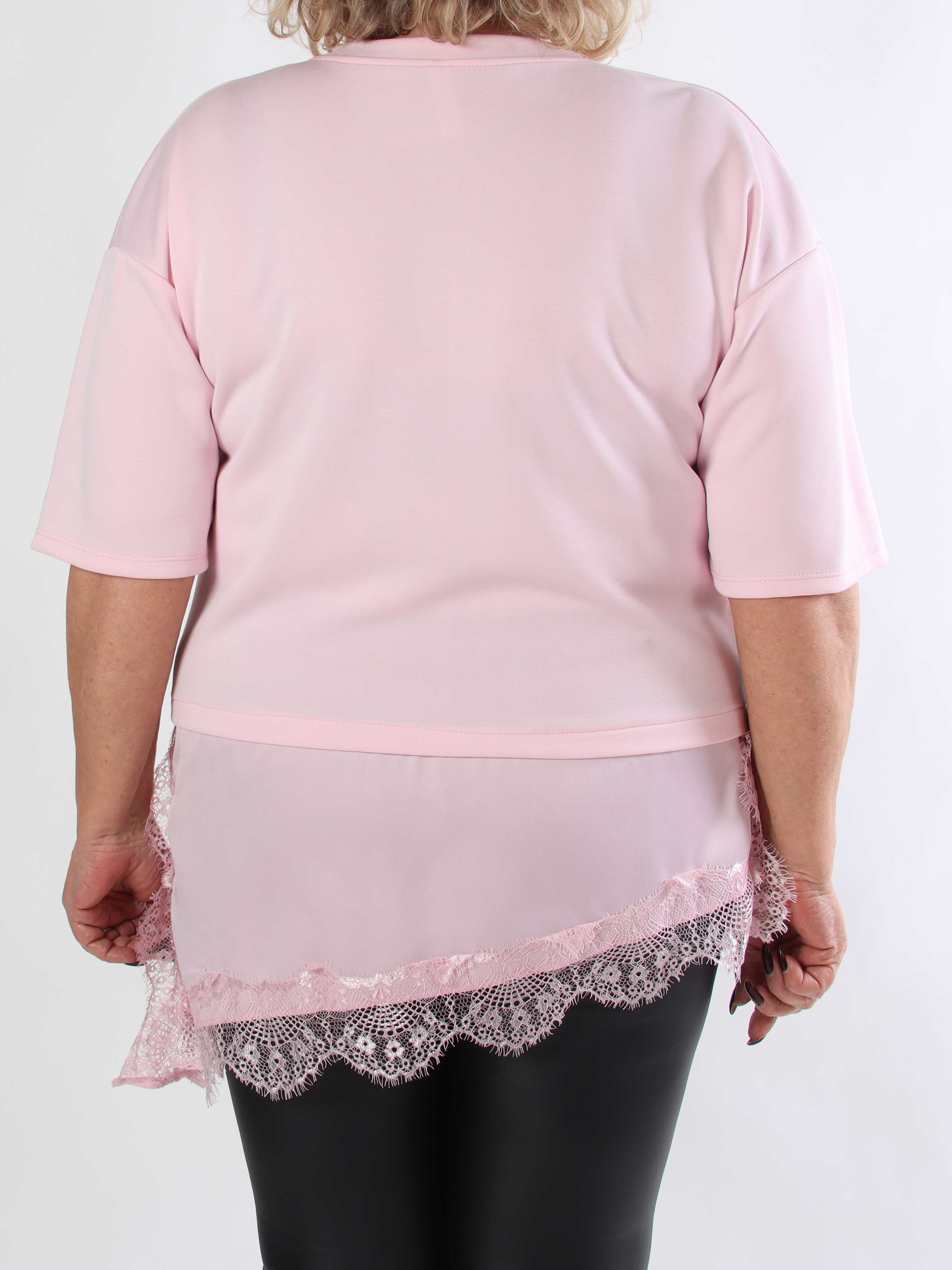 Camemi - Plus size t-shirt med indsyet top med blondekant forneden