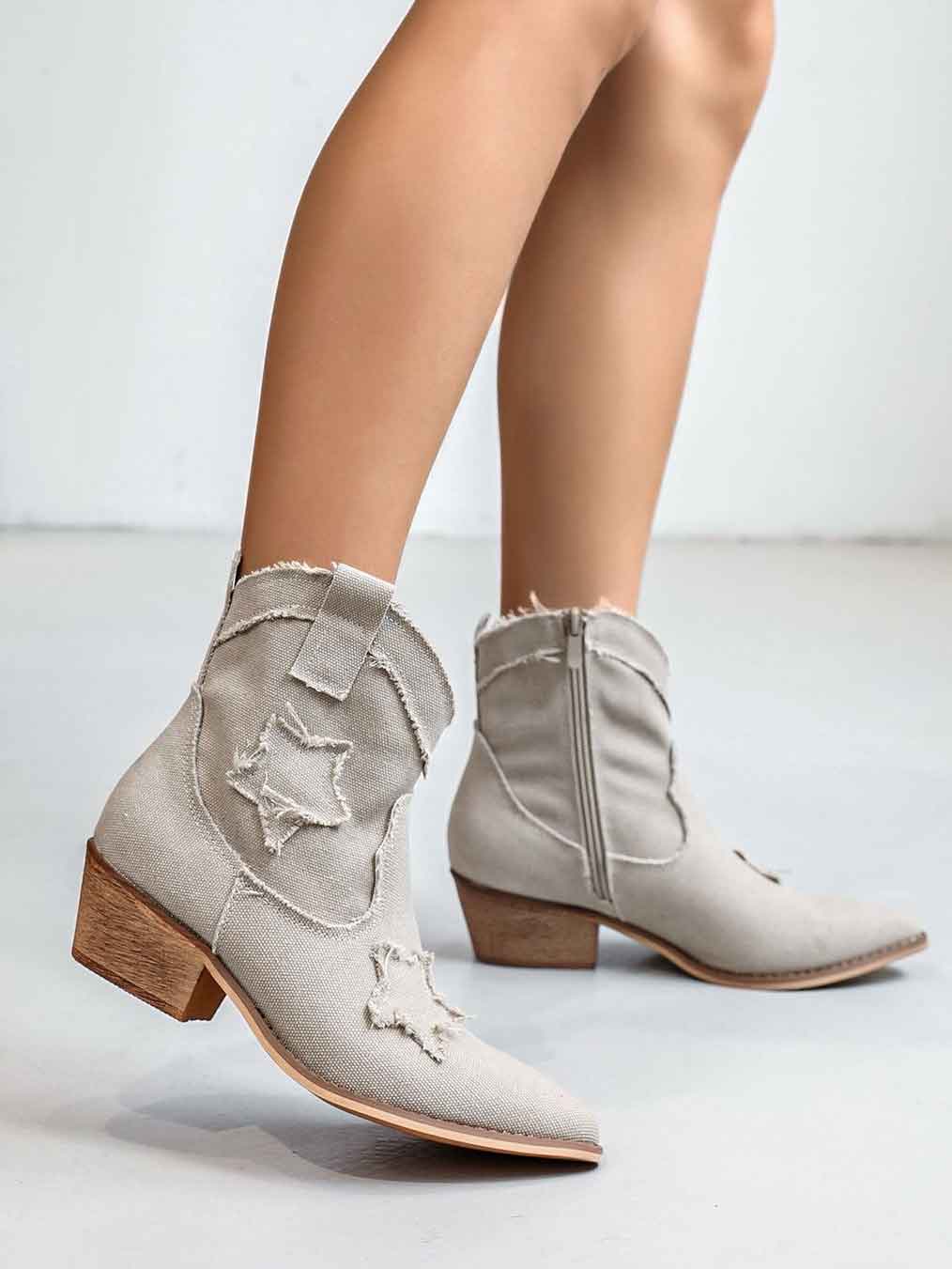 Mille - Cowboyboots i beige denim med stjärnor