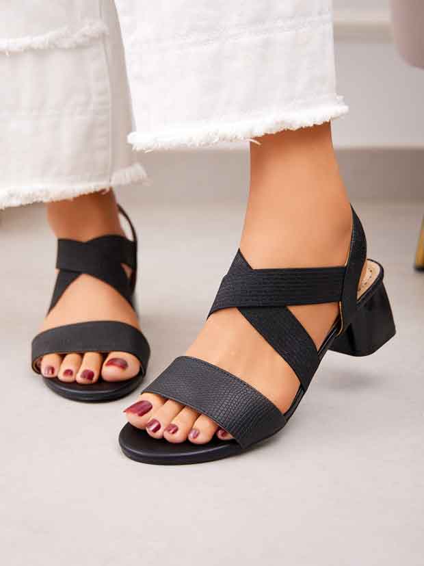 Devany - Sandaler med elastik remme og shiny blokhæl