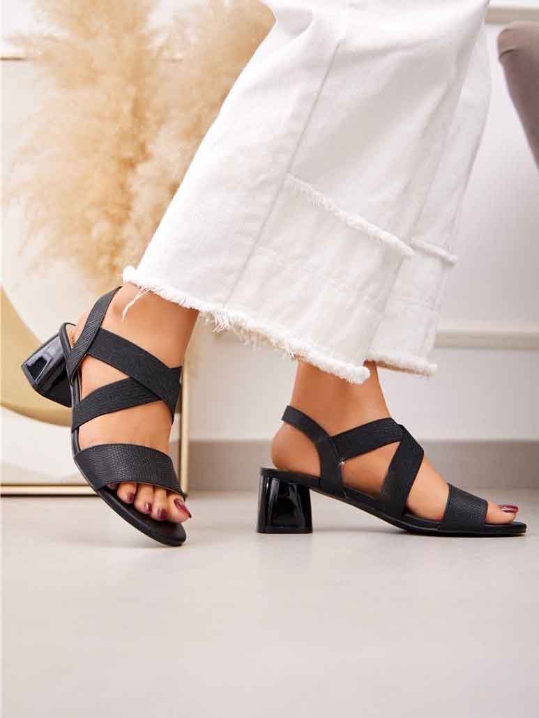 Devany - Sandaler med elastik remme og shiny blokhæl