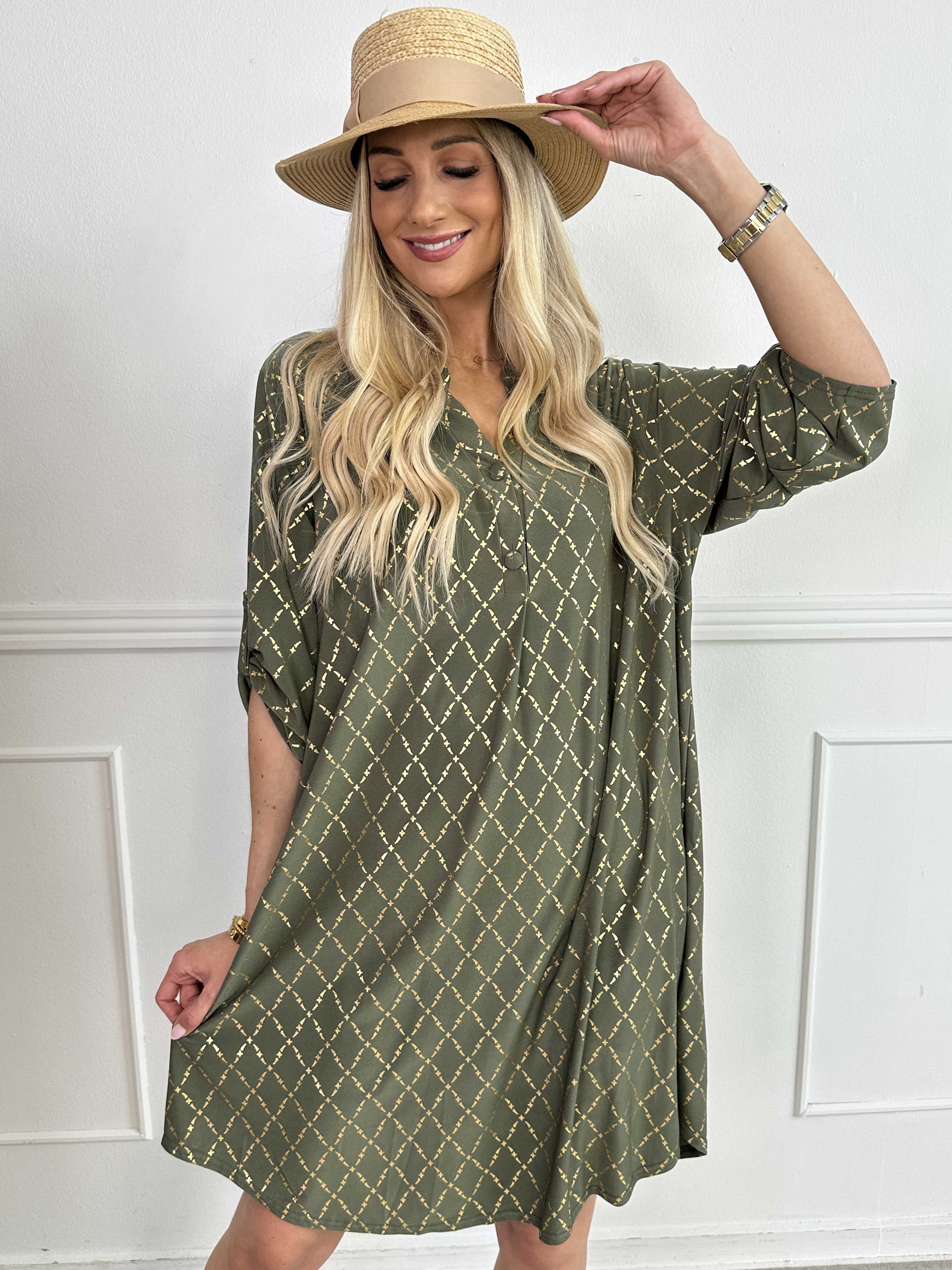 Ebba Gold Check Long - Elastisk klänning med gulddetaljer