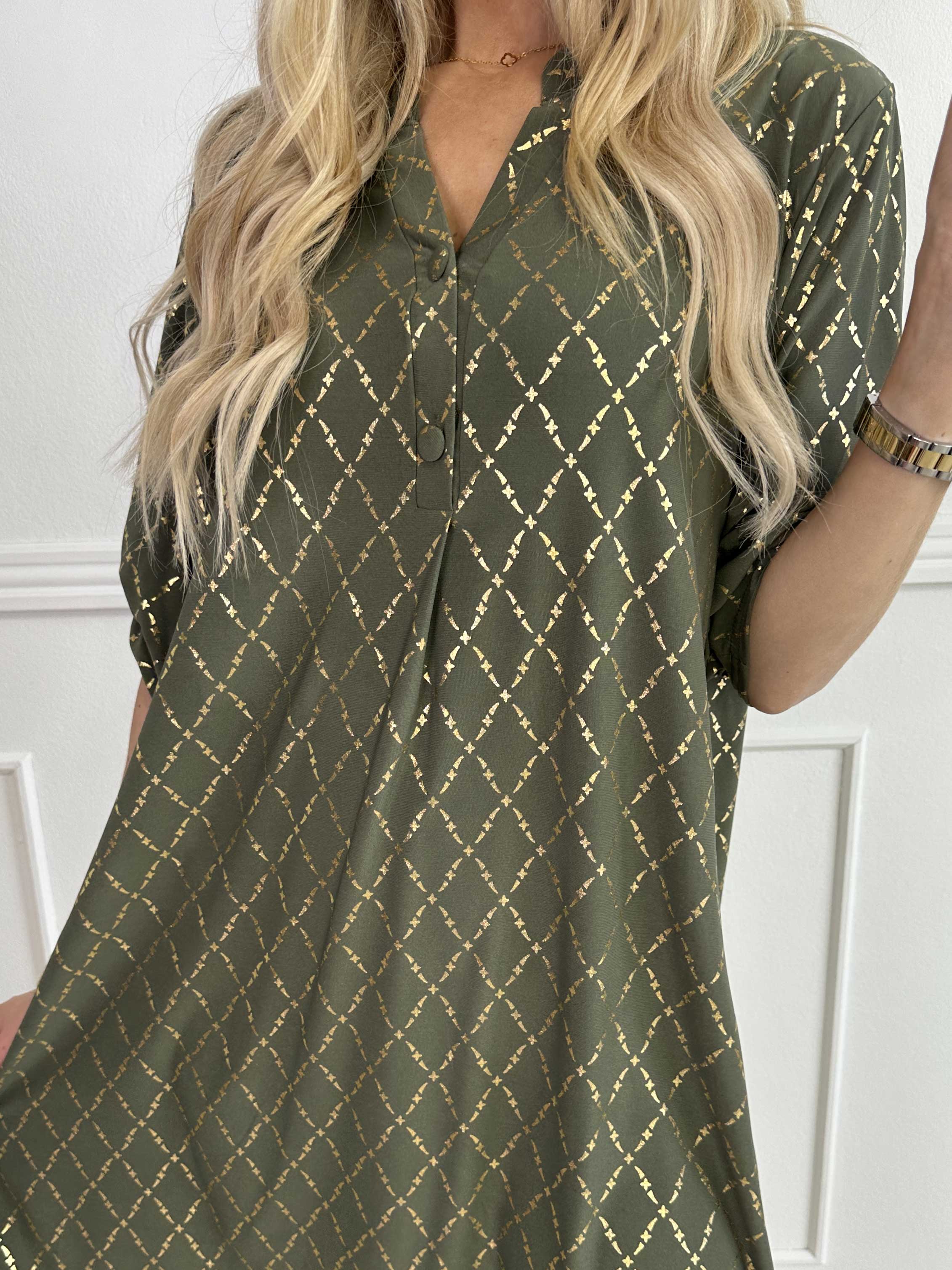 Ebba Gold Check Long - Elastisk klänning med gulddetaljer