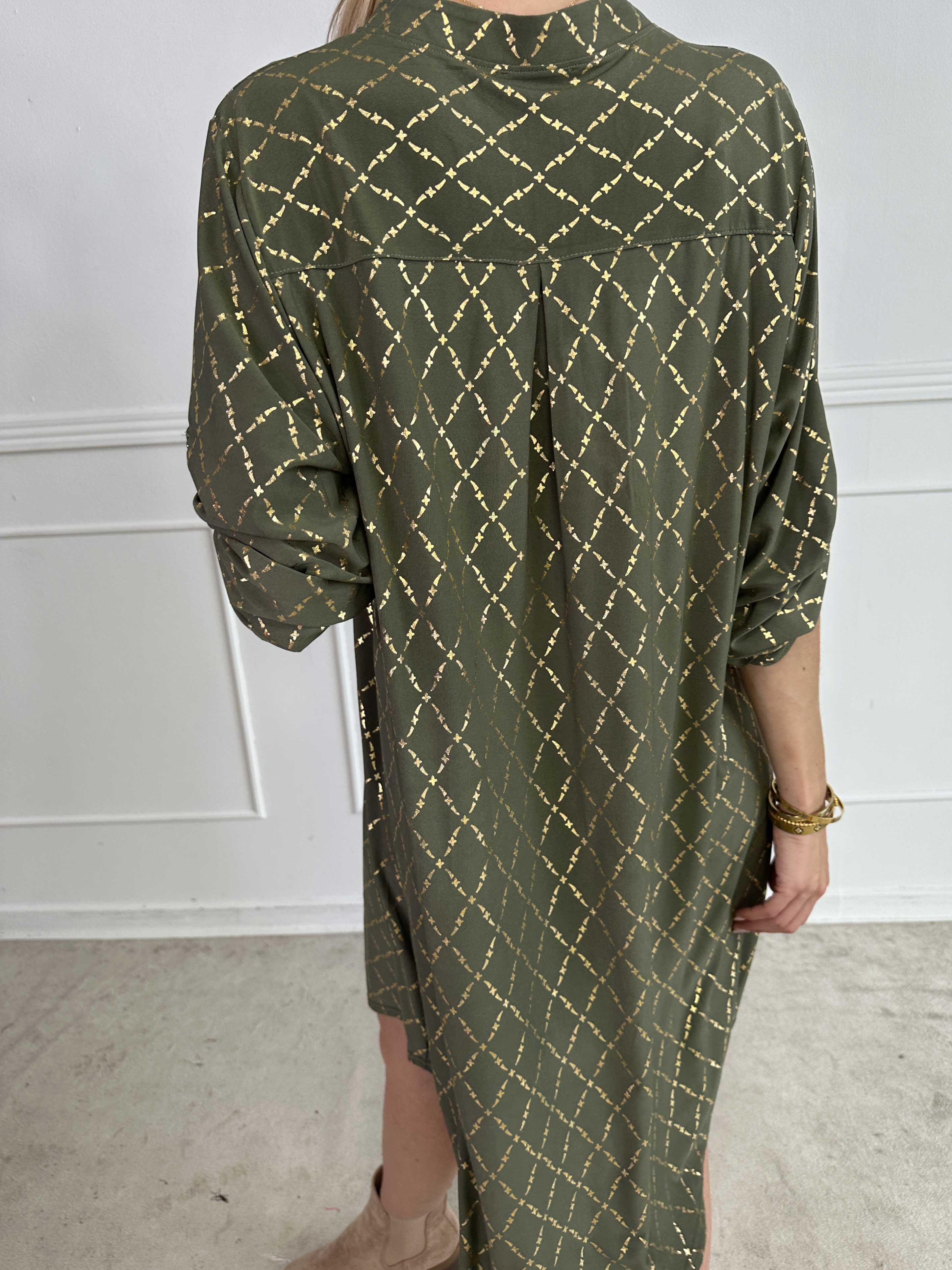 Ebba Gold Check Long - Elastisk klänning med gulddetaljer