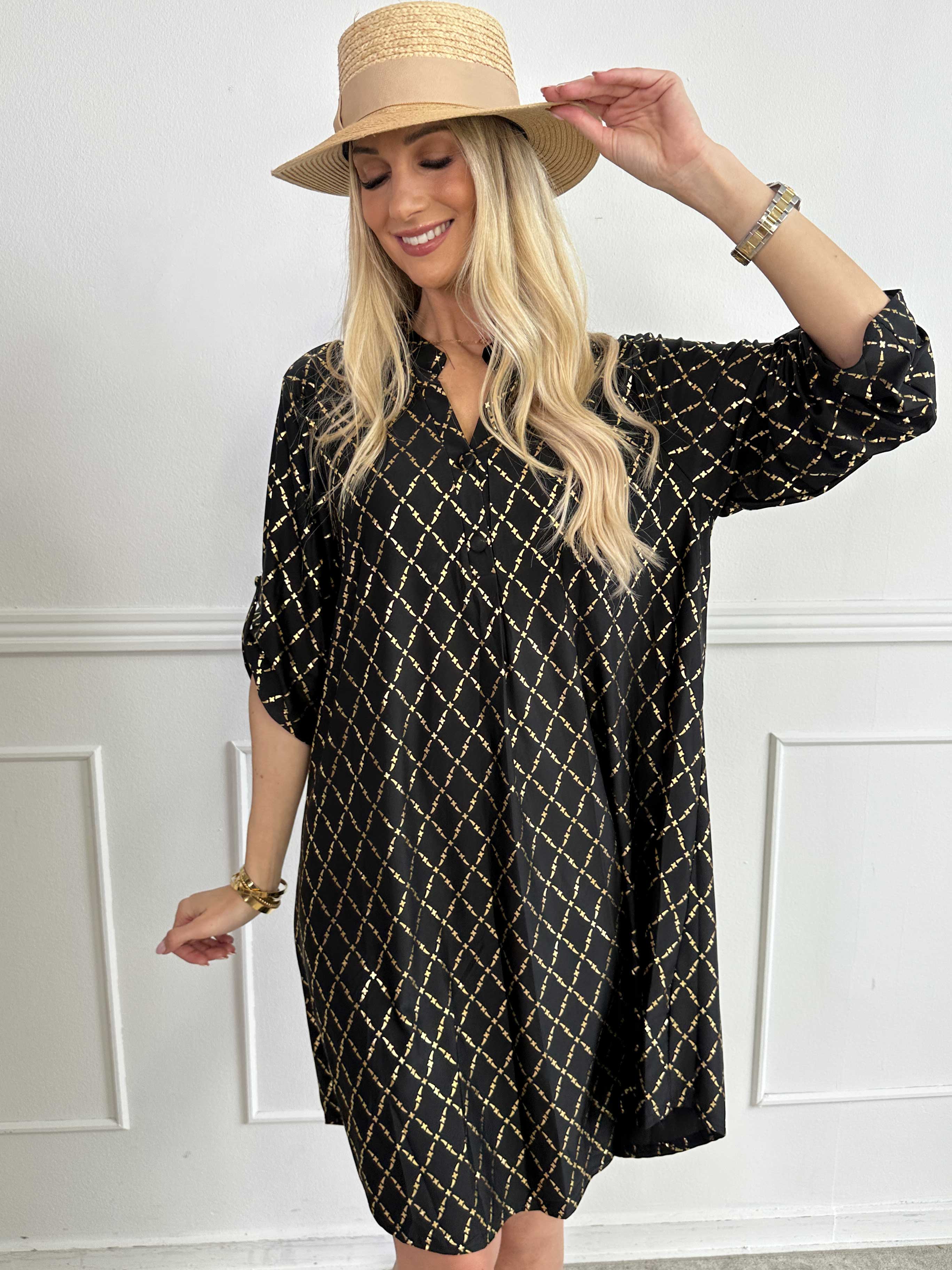 Ebba Gold Check Long - Elastisk klänning med gulddetaljer