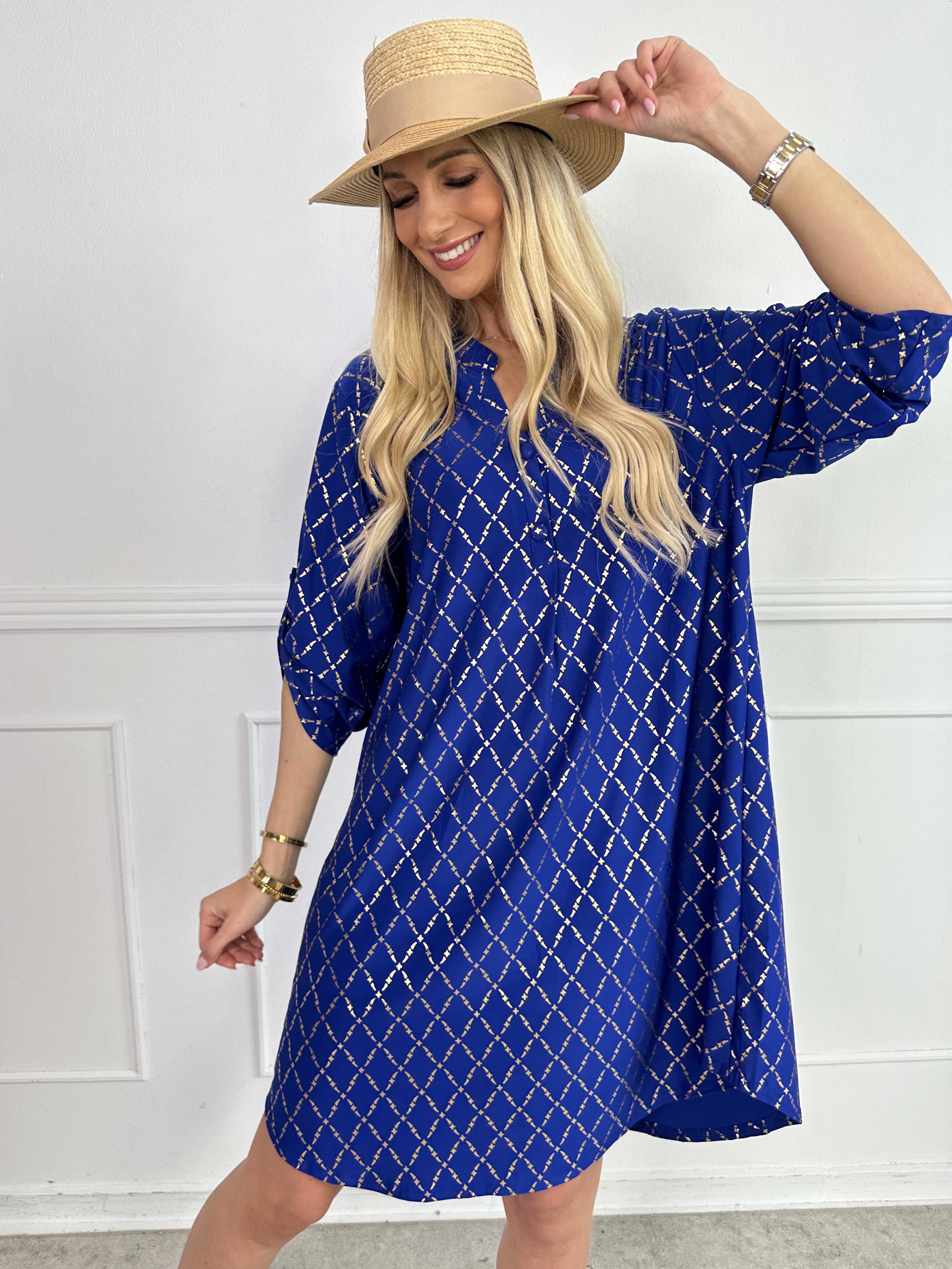 Ebba Gold Check Long - Elastisk klänning med gulddetaljer