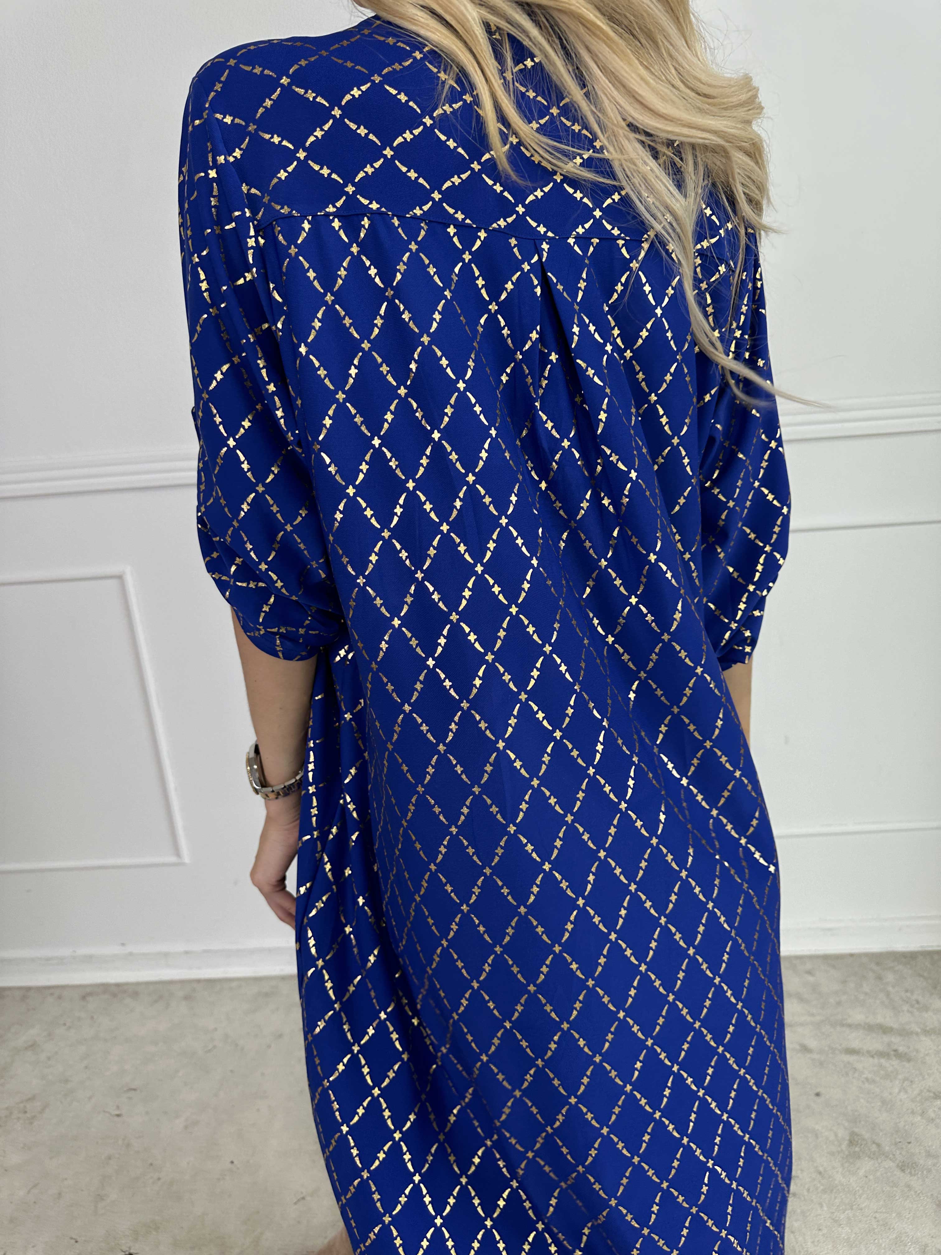 Ebba Gold Check Long - Elastisk klänning med gulddetaljer