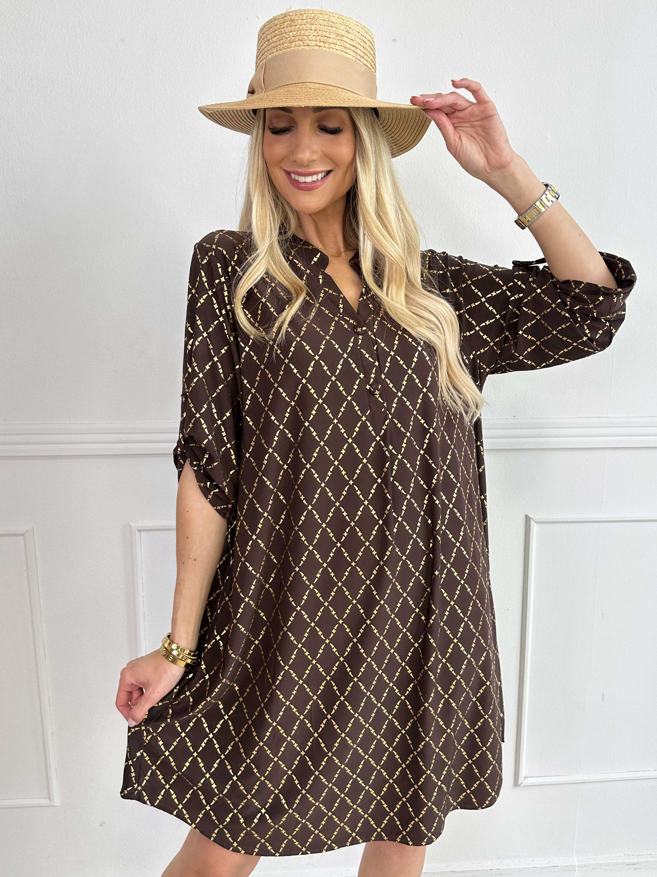 Ebba Gold Check Long - Elastisk klänning med gulddetaljer