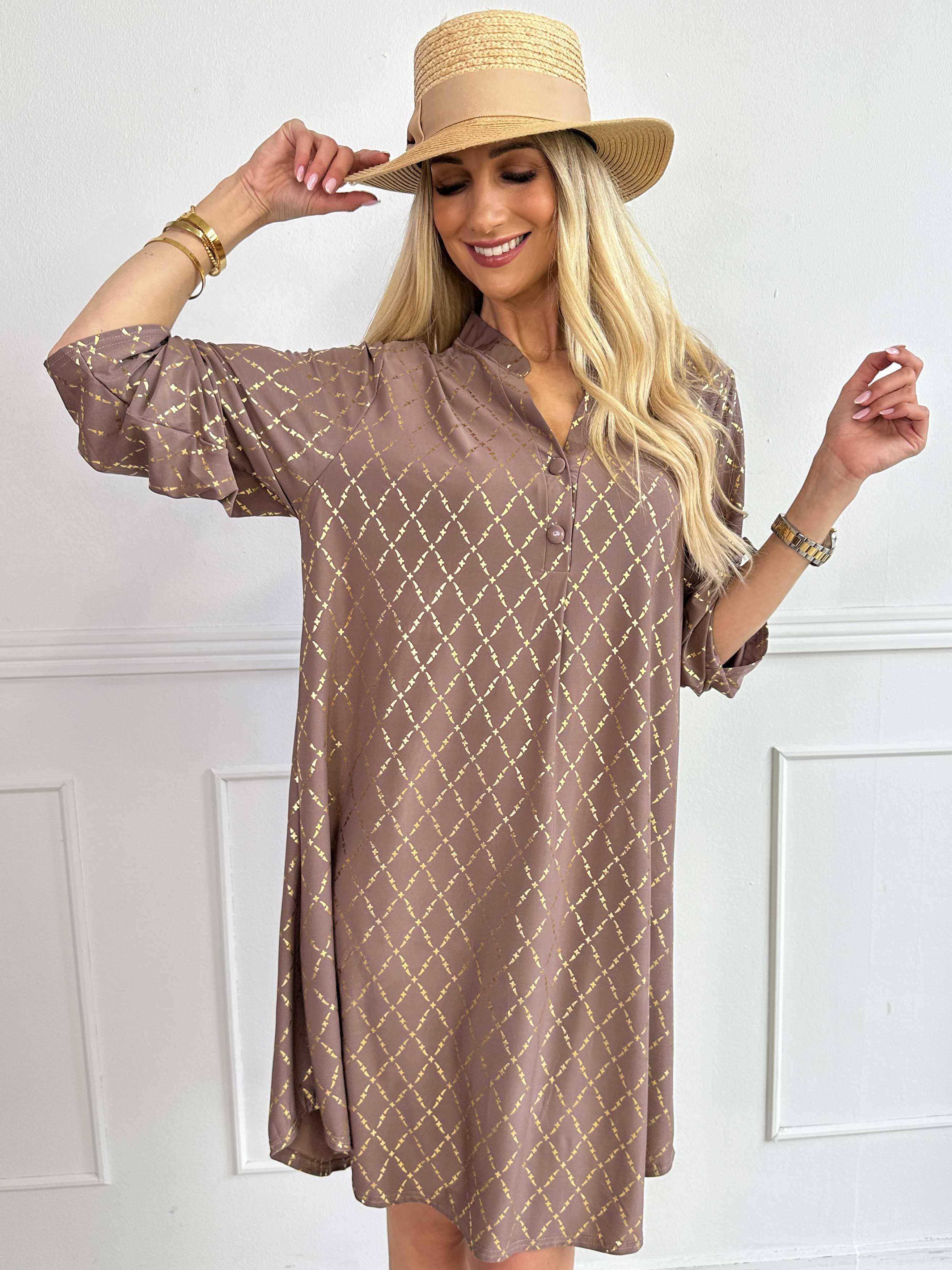 Ebba Gold Check Long - Elastisk klänning med gulddetaljer