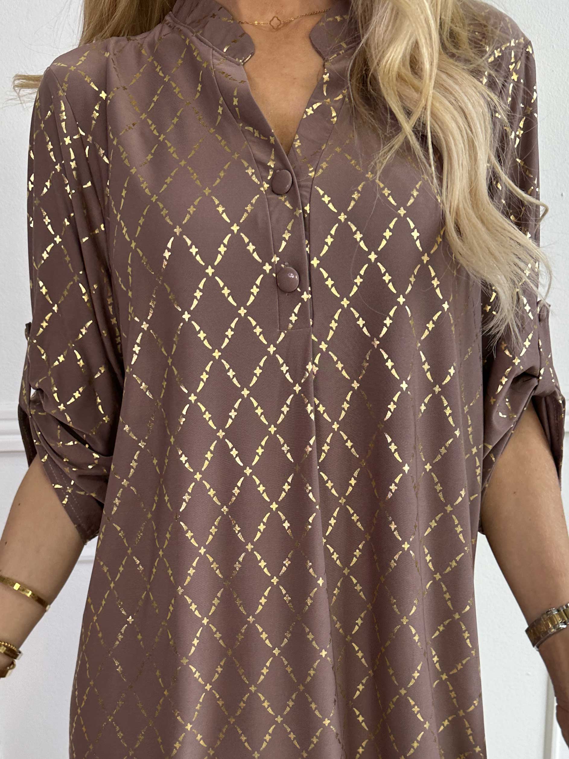 Ebba Gold Check Long - Elastisk klänning med gulddetaljer