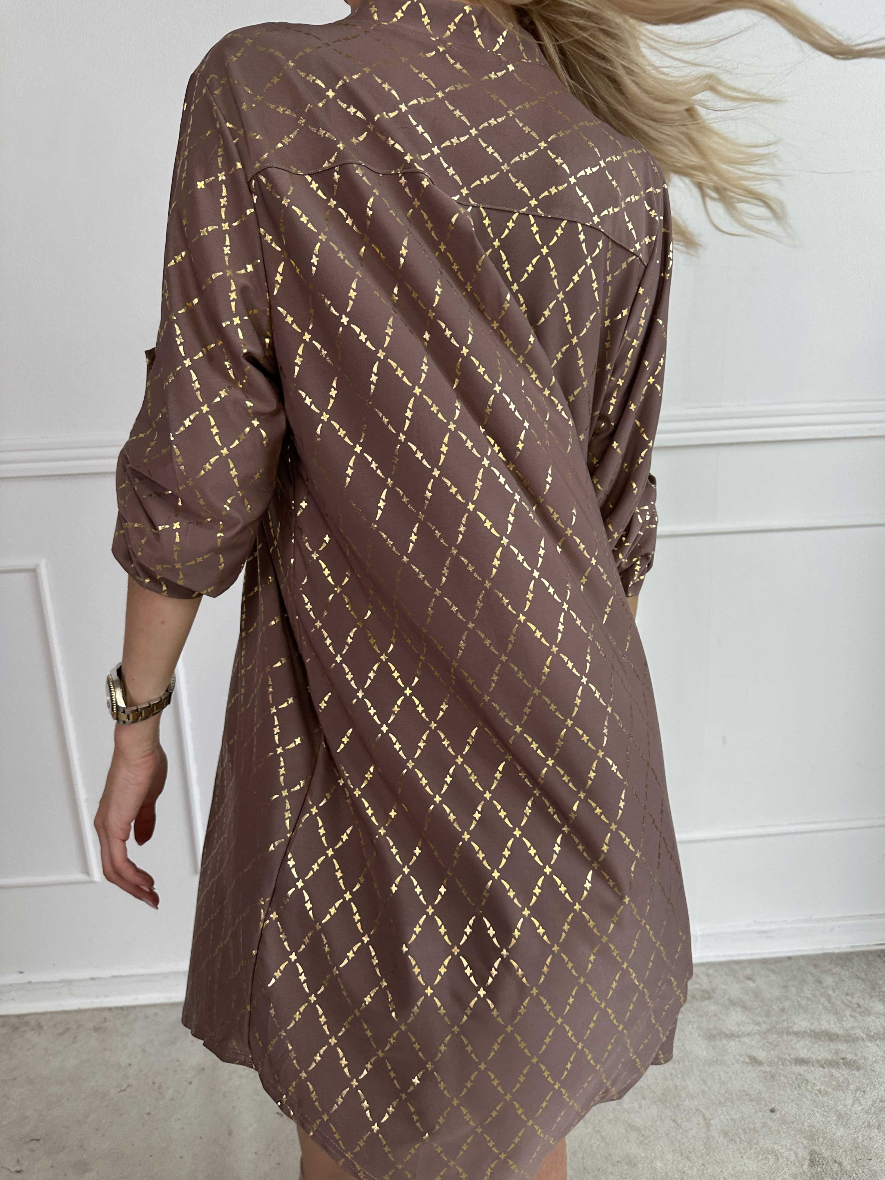 Ebba Gold Check Long - Elastisk klänning med gulddetaljer