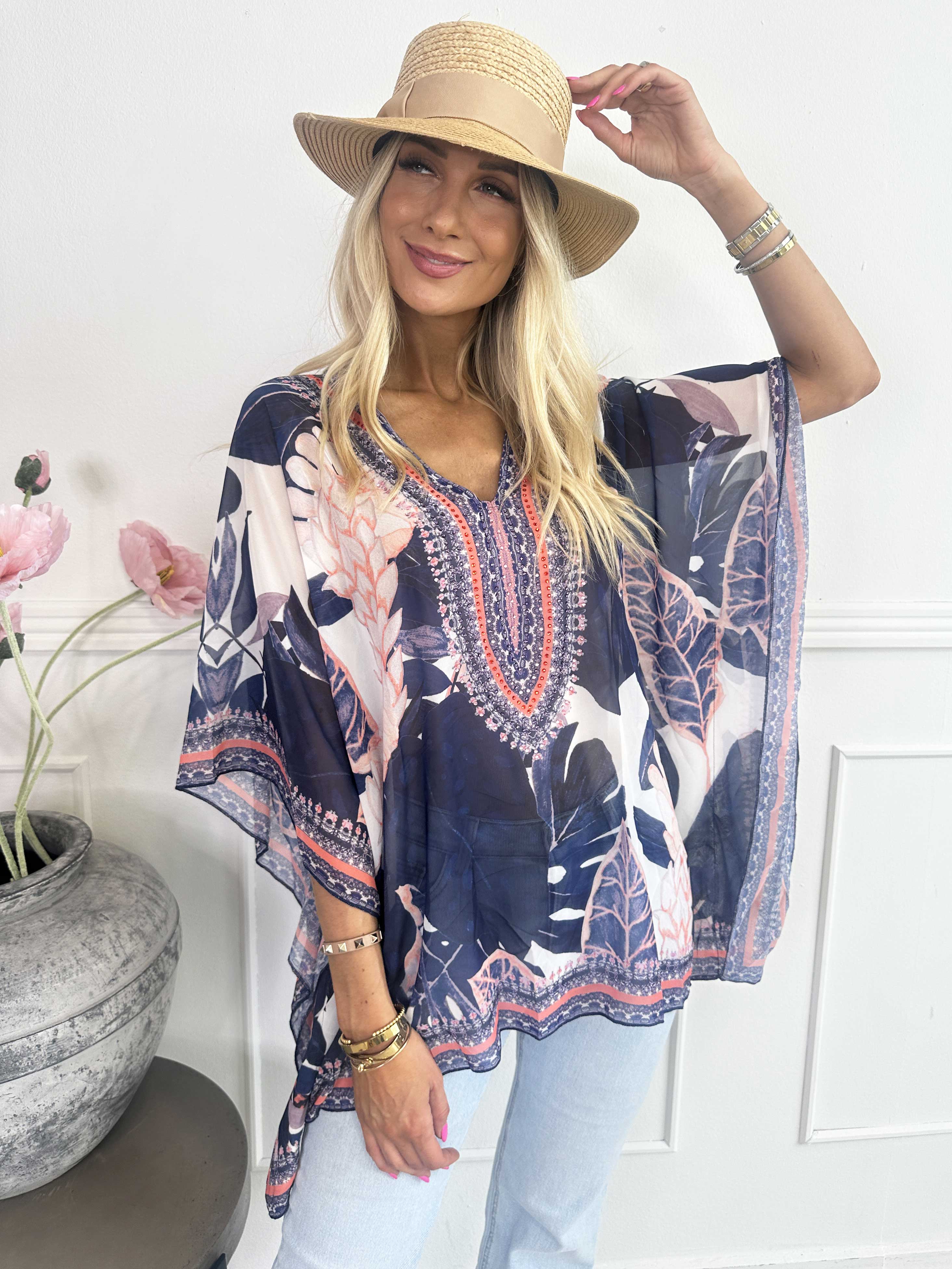 Harmonia - Mønstret tunika i chiffon med similisten