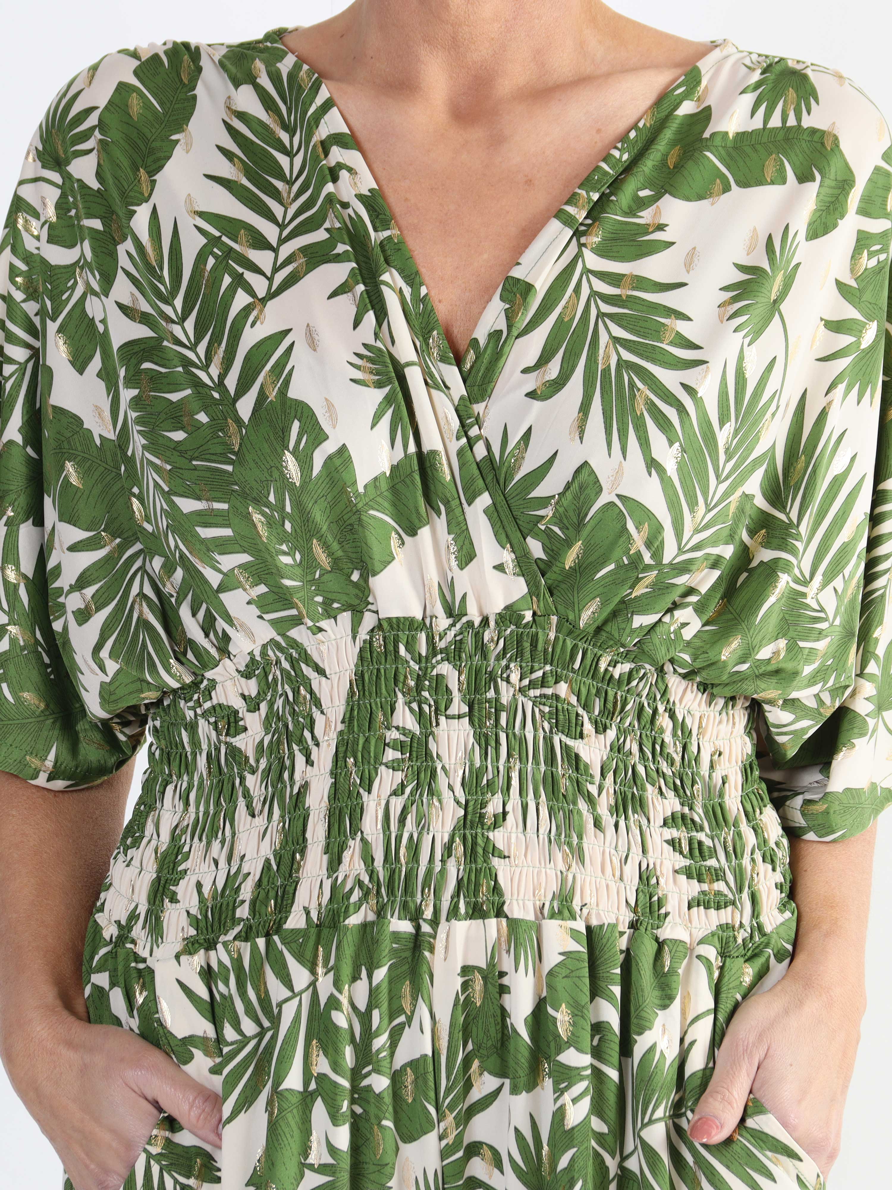 Pams Gold Leaf Jumpsuit - Jumpsuit med resår och bladmönster i stora storlekar