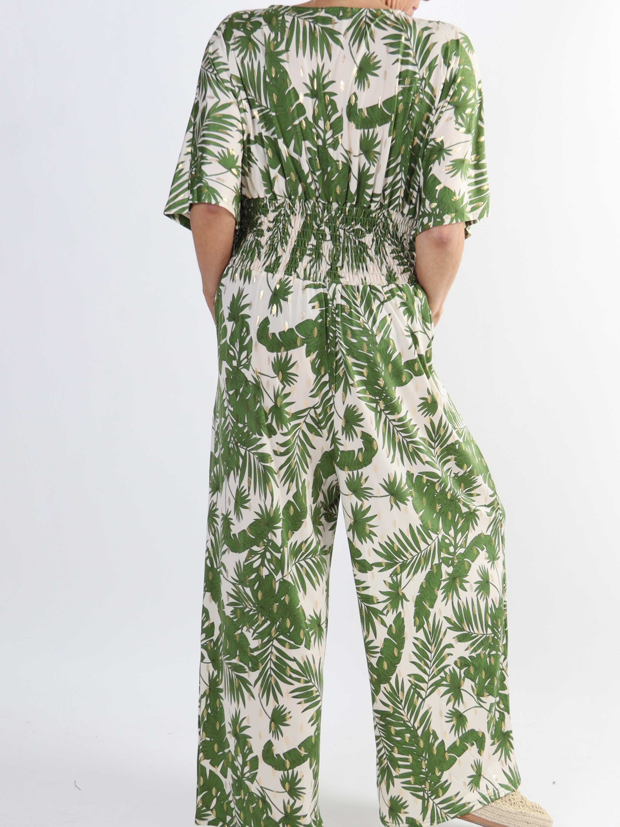 Pams Gold Leaf Jumpsuit - Jumpsuit med resår och bladmönster i stora storlekar