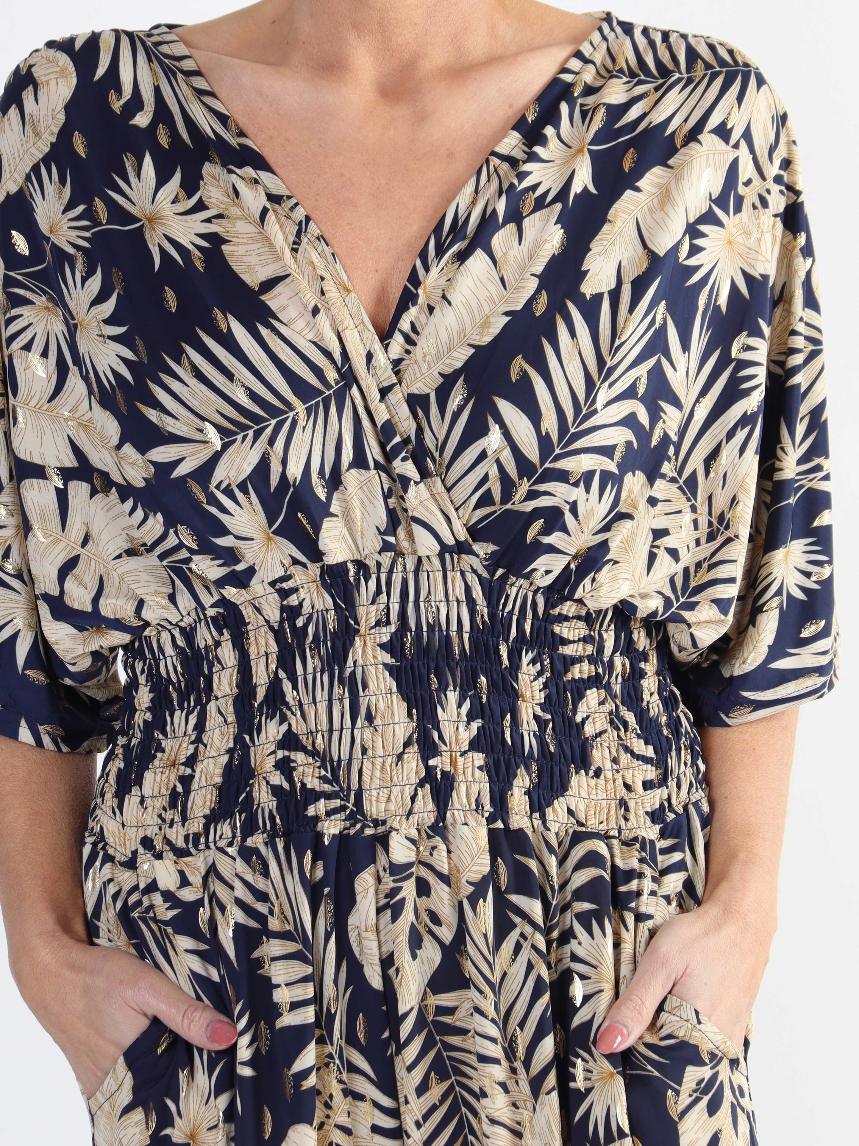 Pams Gold Leaf Jumpsuit - Jumpsuit med resår och bladmönster i stora storlekar