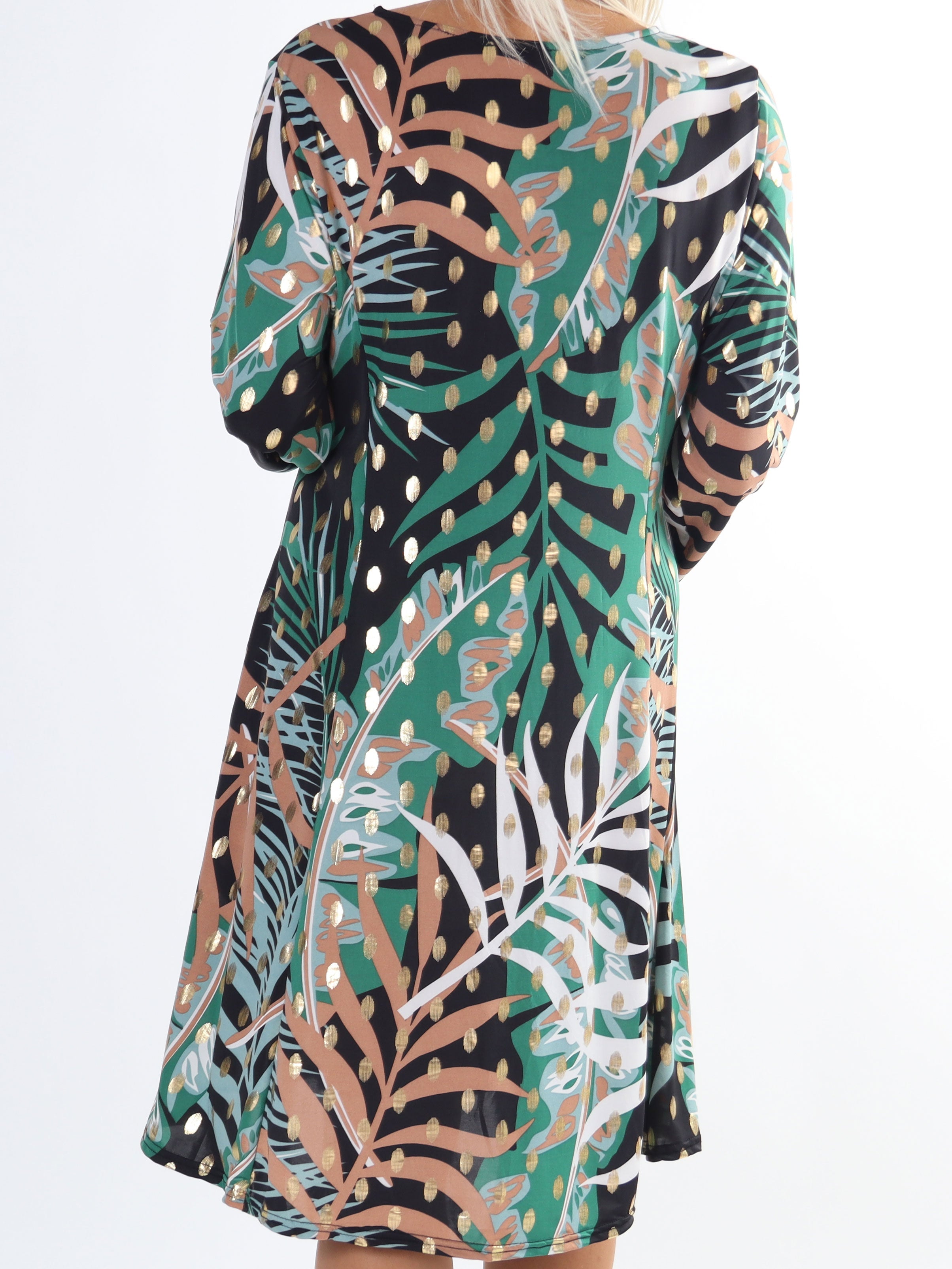 May Forest L/S - Mönstrad klänning med gulddetaljer i större storlek