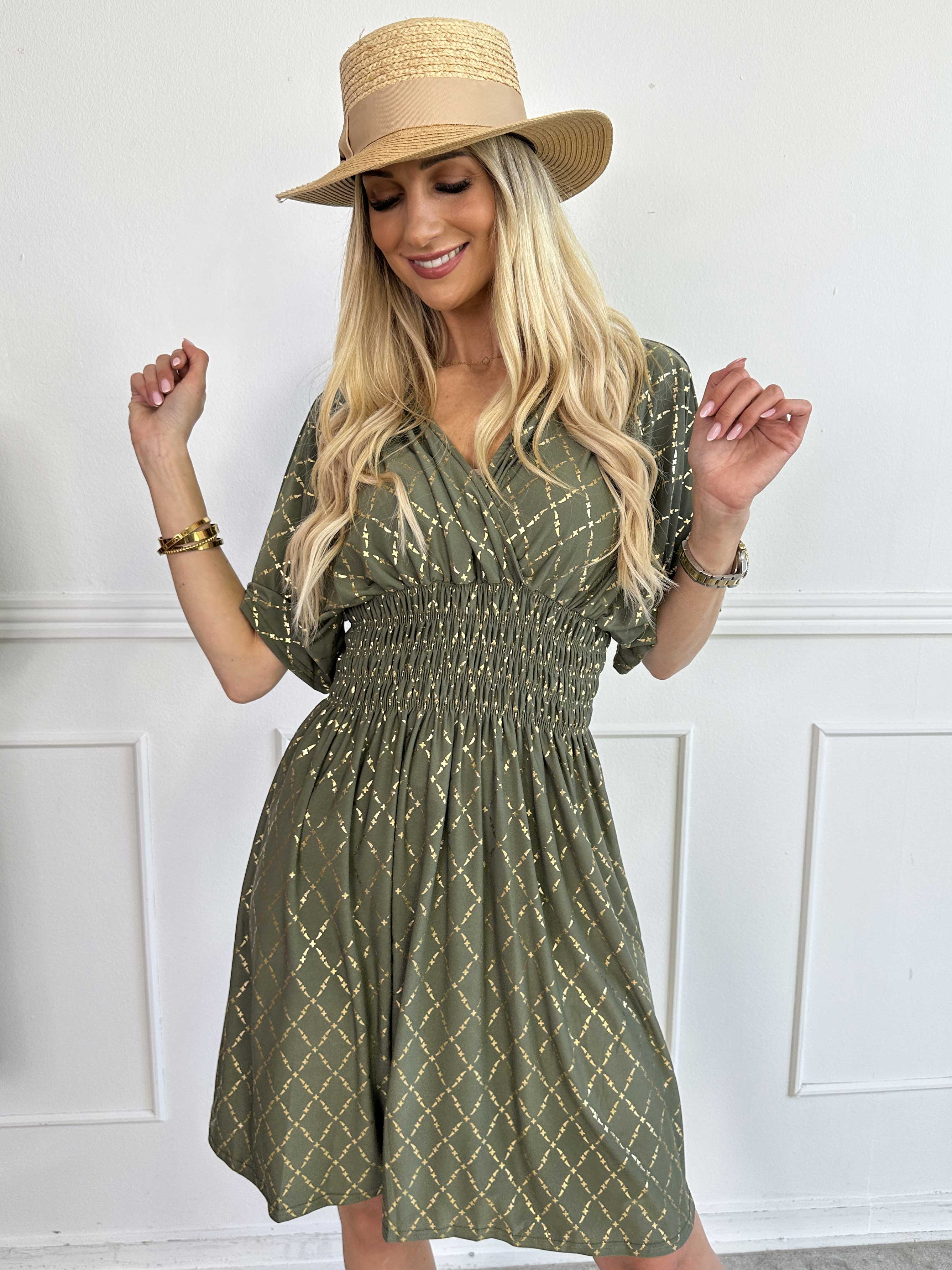 Pams Gold Check Short - Kort elastisk klänning med gulddetaljer