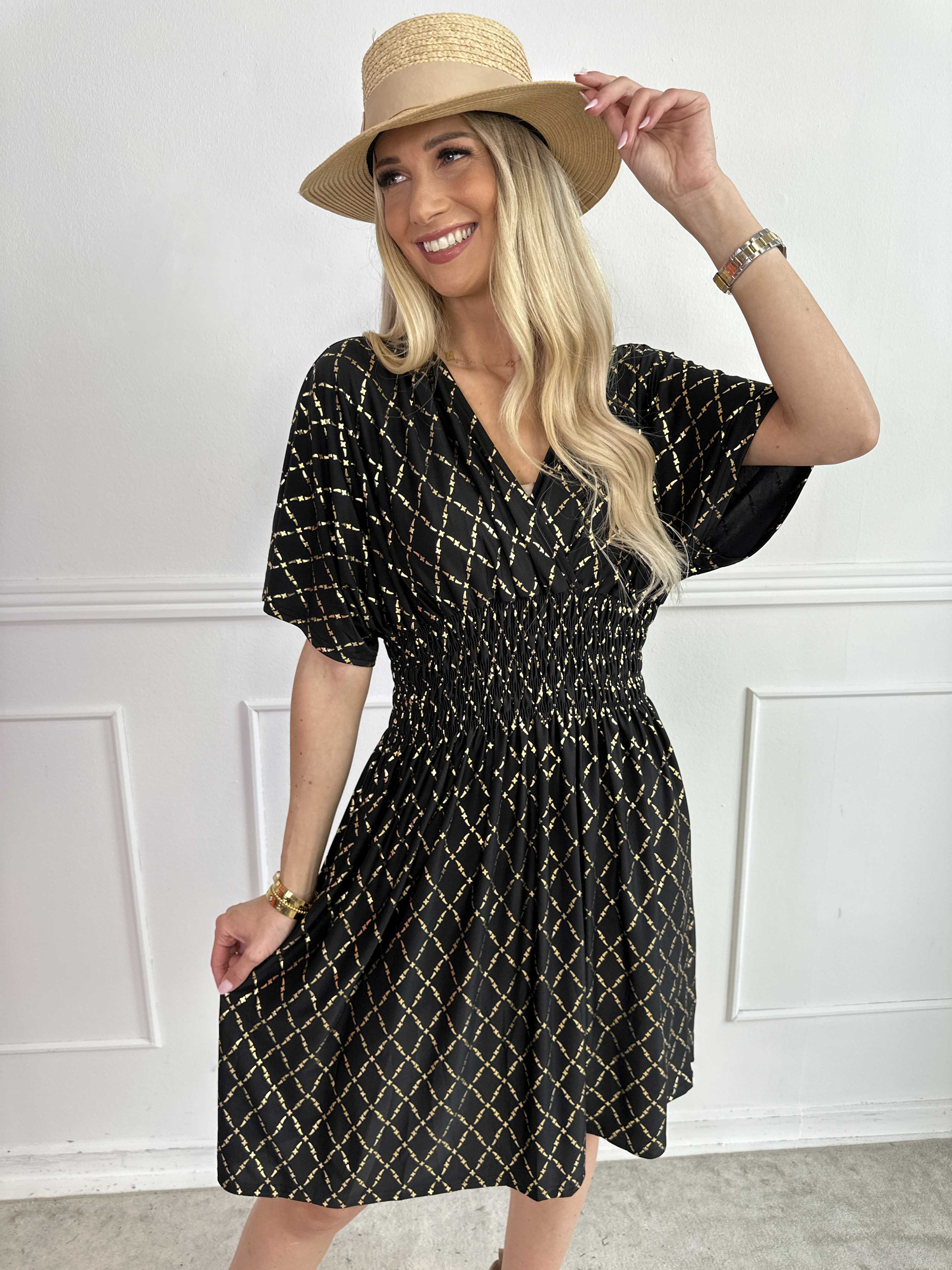 Pams Gold Check Short - Kort elastisk klänning med gulddetaljer