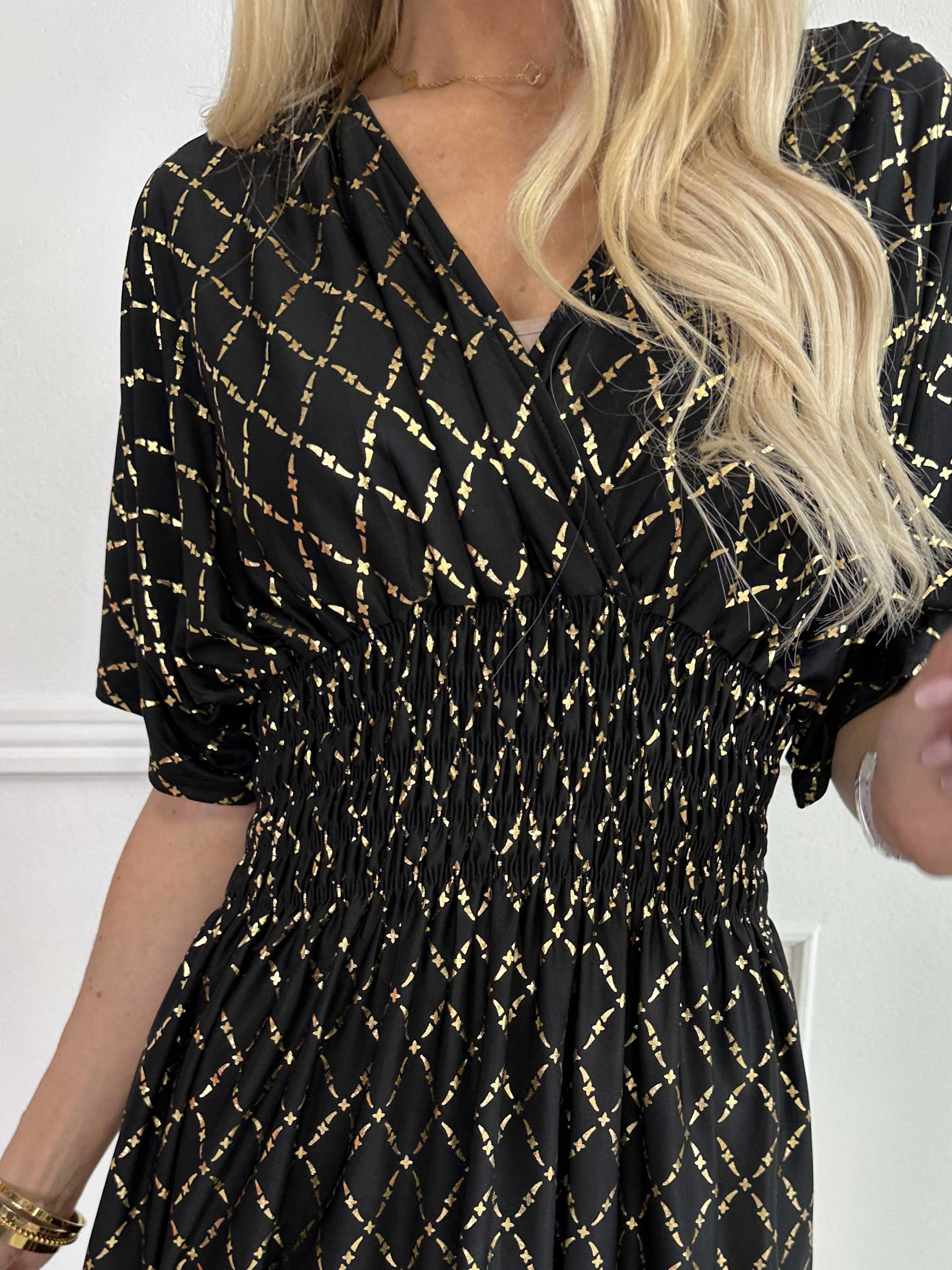 Pams Gold Check Short - Kort elastisk klänning med gulddetaljer