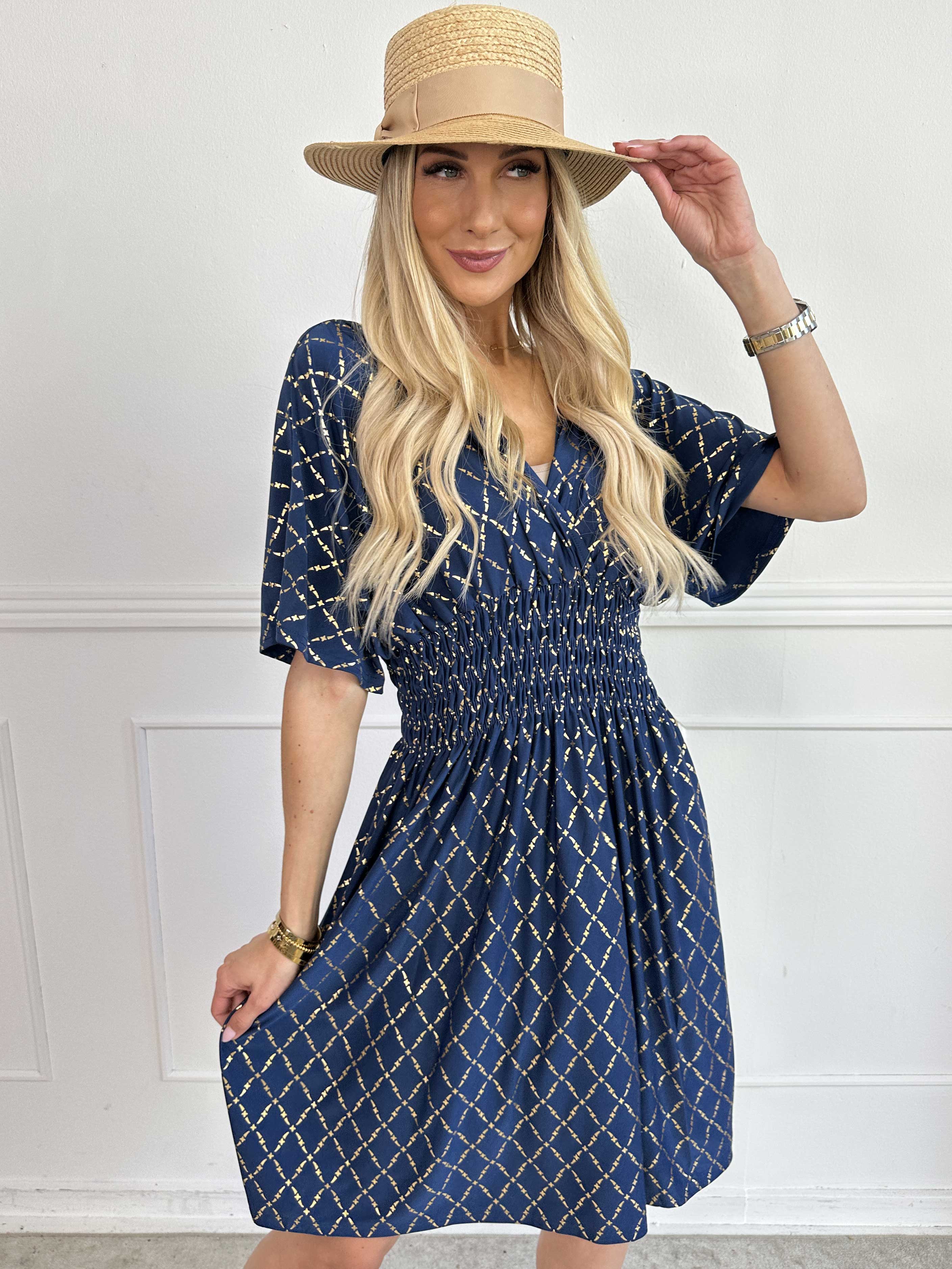 Pams Gold Check Short - Kort elastisk klänning med gulddetaljer