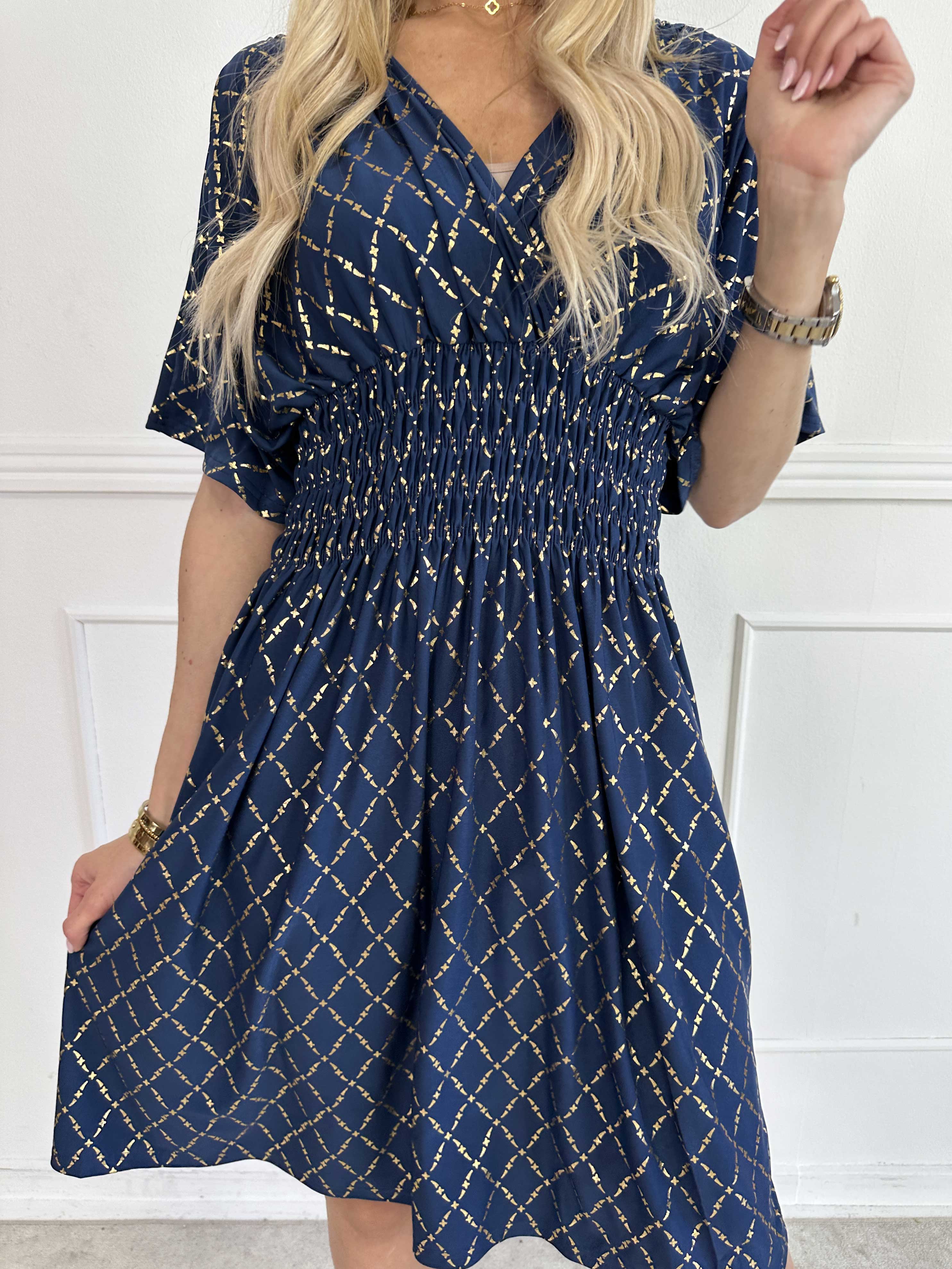 Pams Gold Check Short - Kort elastisk klänning med gulddetaljer