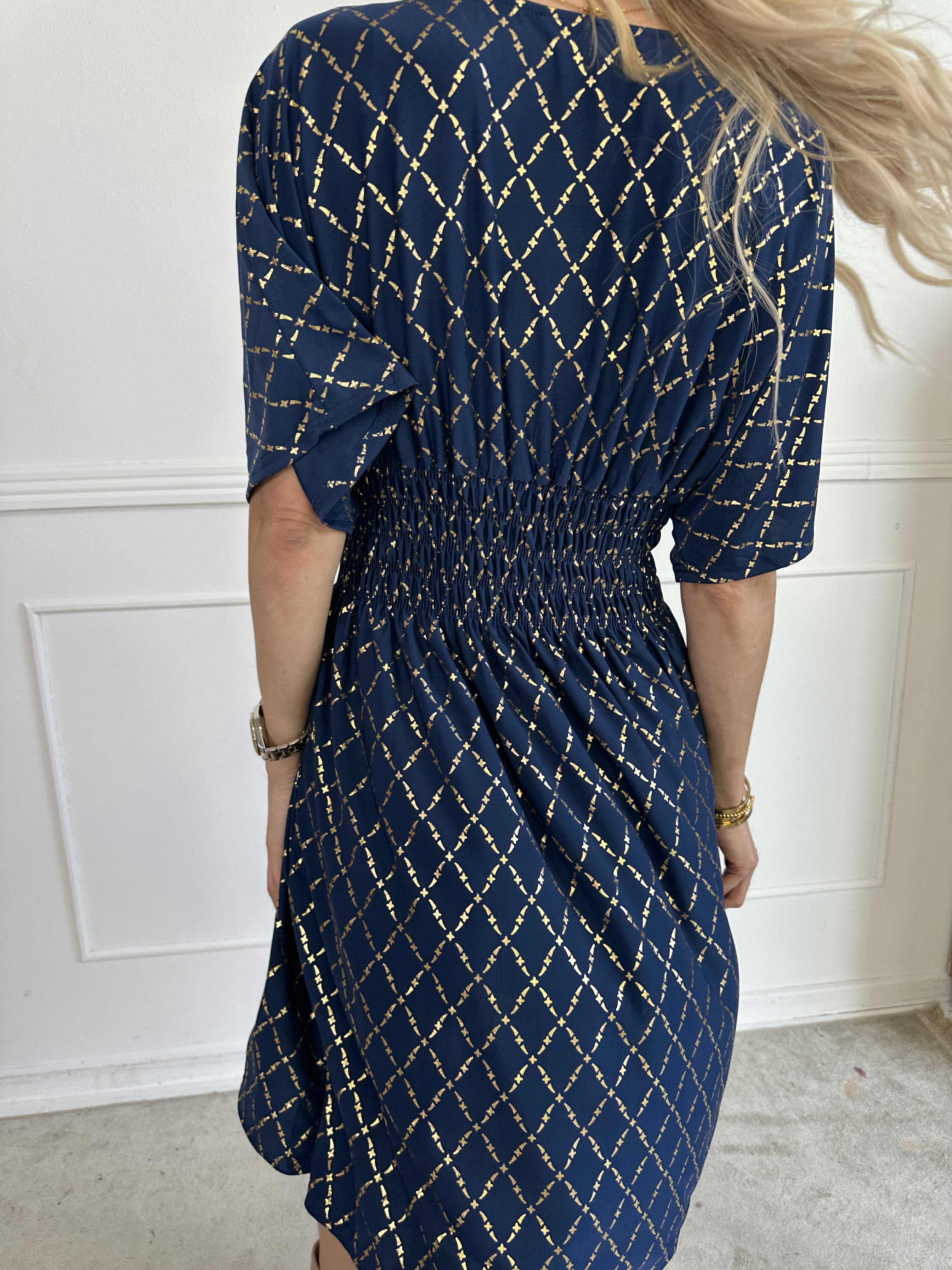 Pams Gold Check Short - Kort elastisk klänning med gulddetaljer