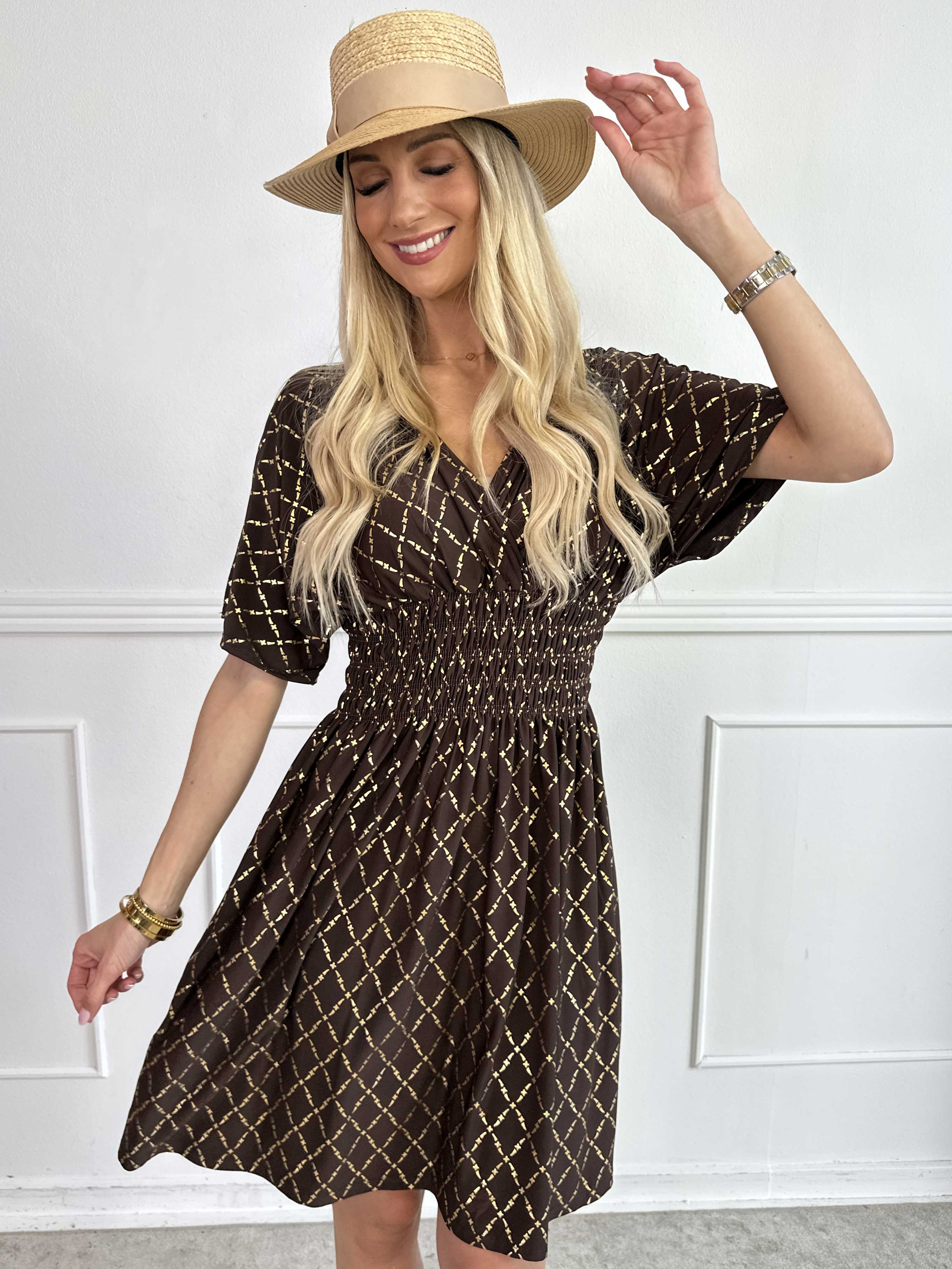 Pams Gold Check Short - Kort elastisk klänning med gulddetaljer