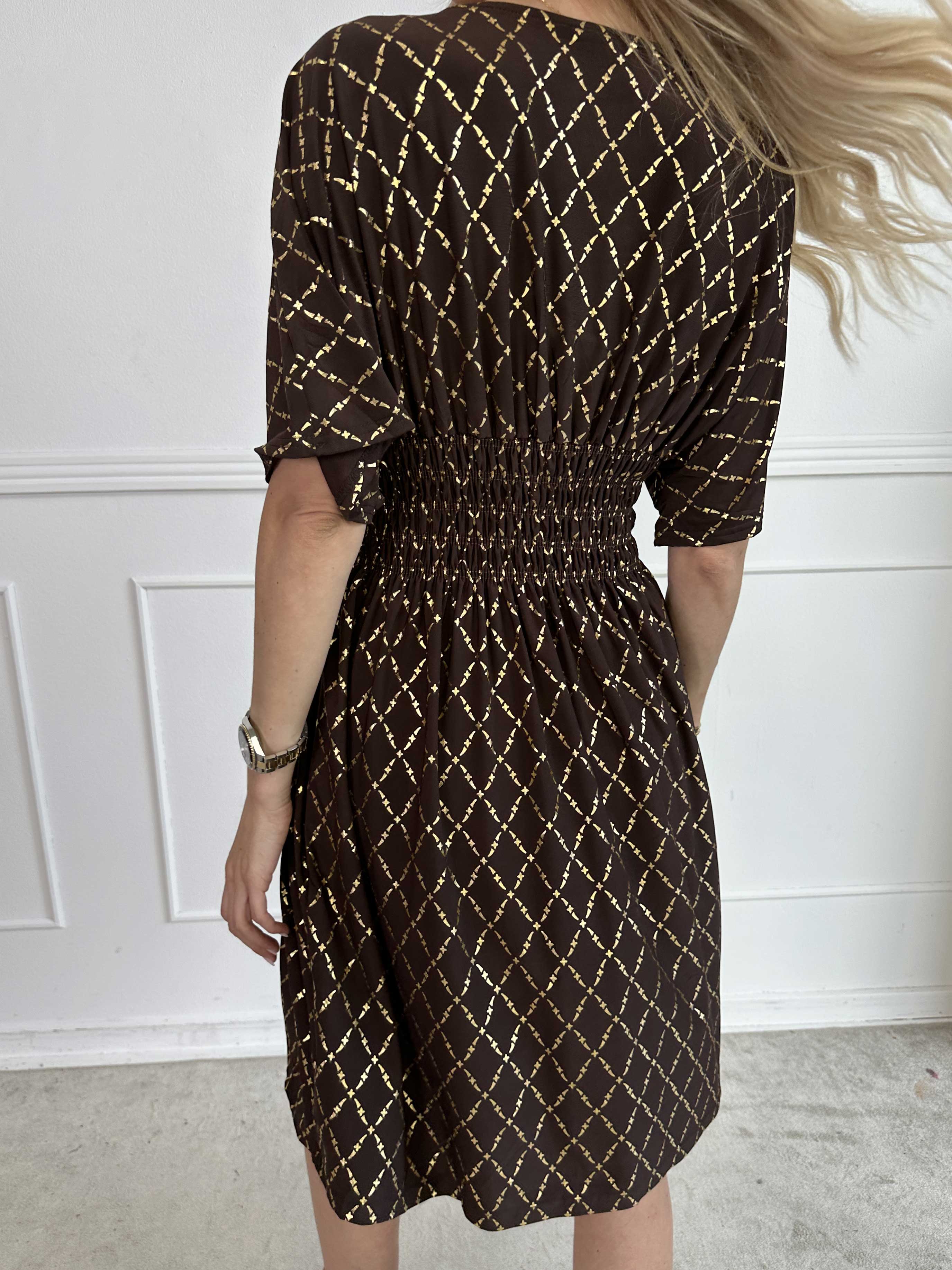 Pams Gold Check Short - Kort elastisk klänning med gulddetaljer