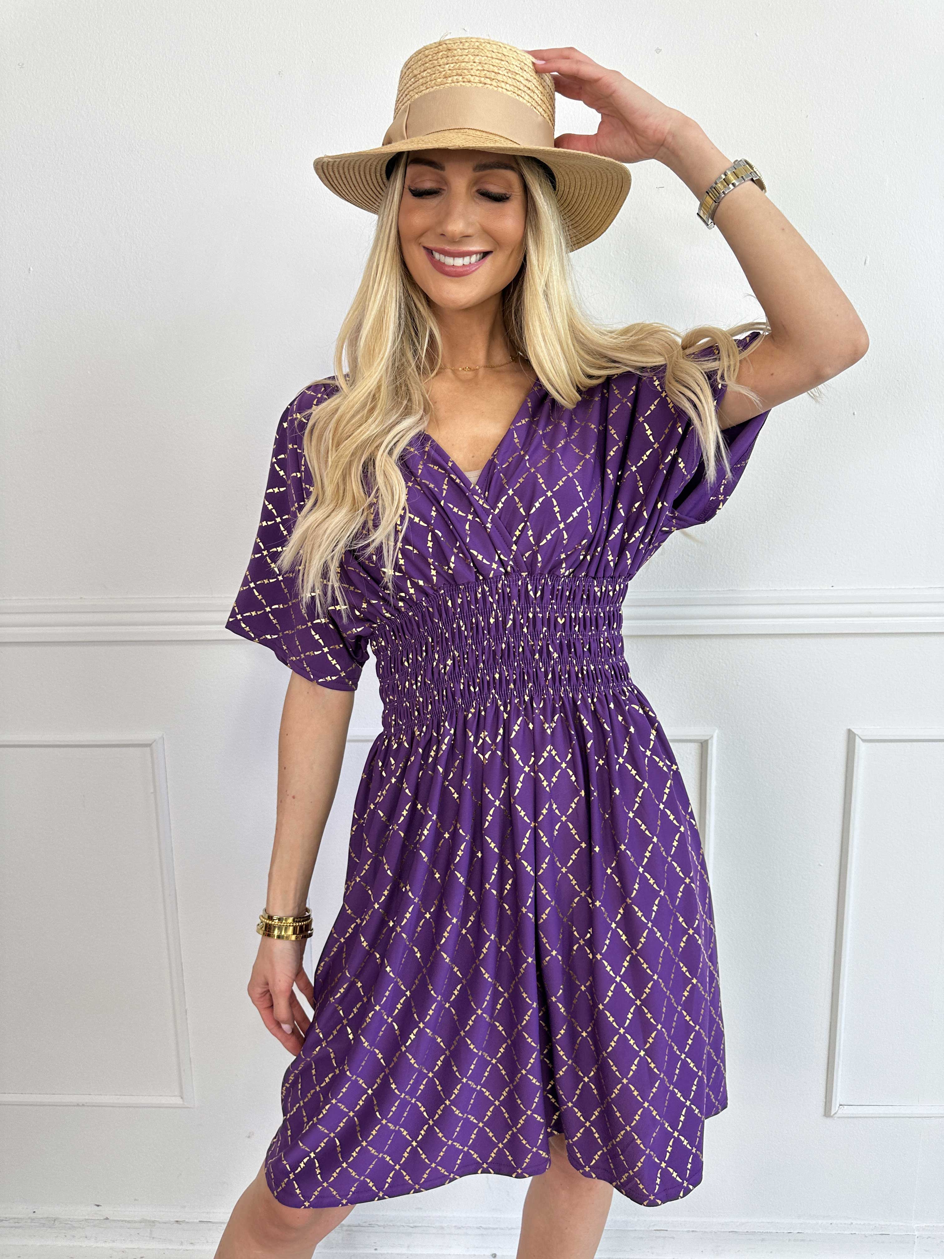 Pams Gold Check Short - Kort elastisk klänning med gulddetaljer