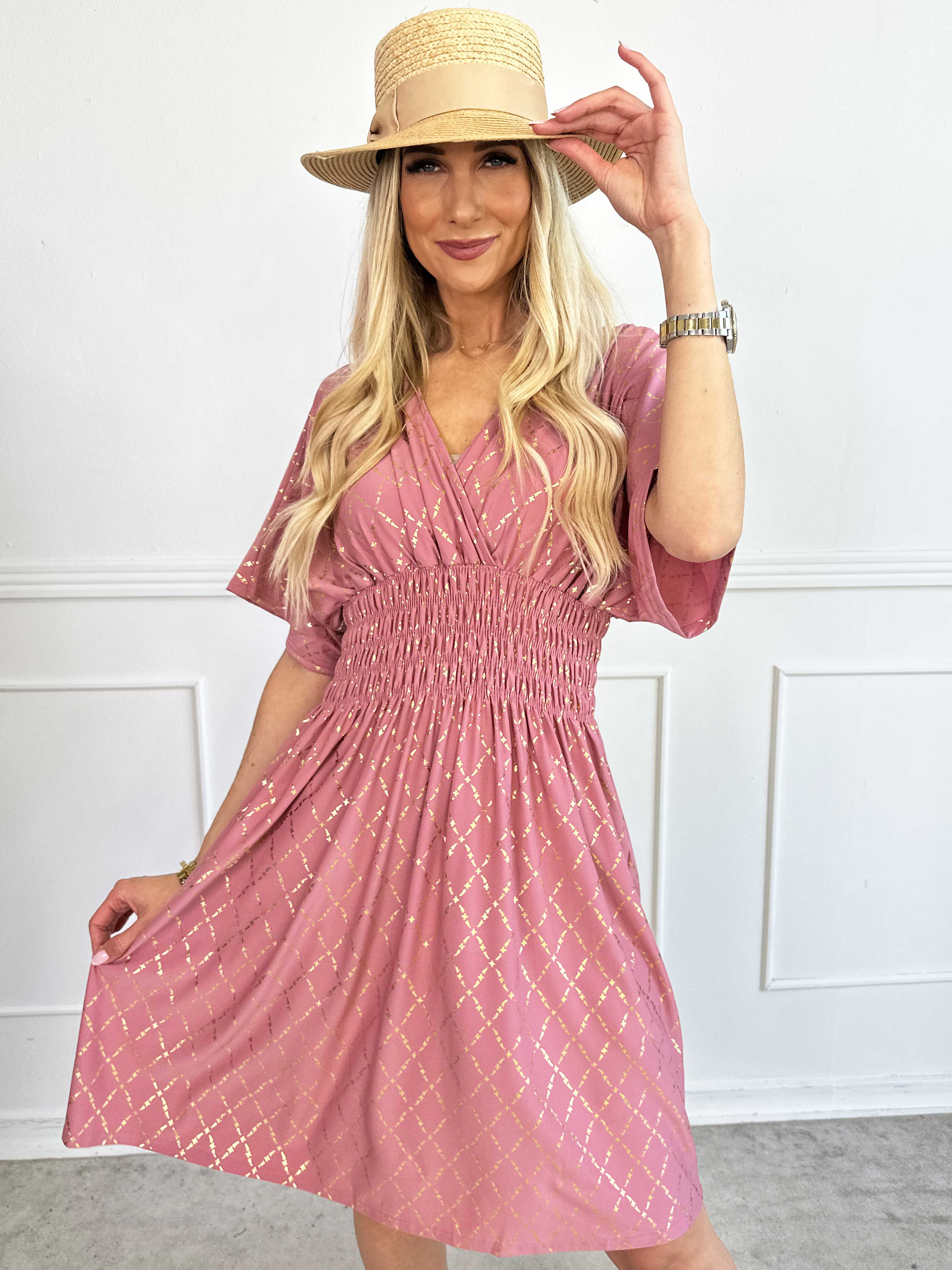 Pams Gold Check Short - Kort elastisk klänning med gulddetaljer