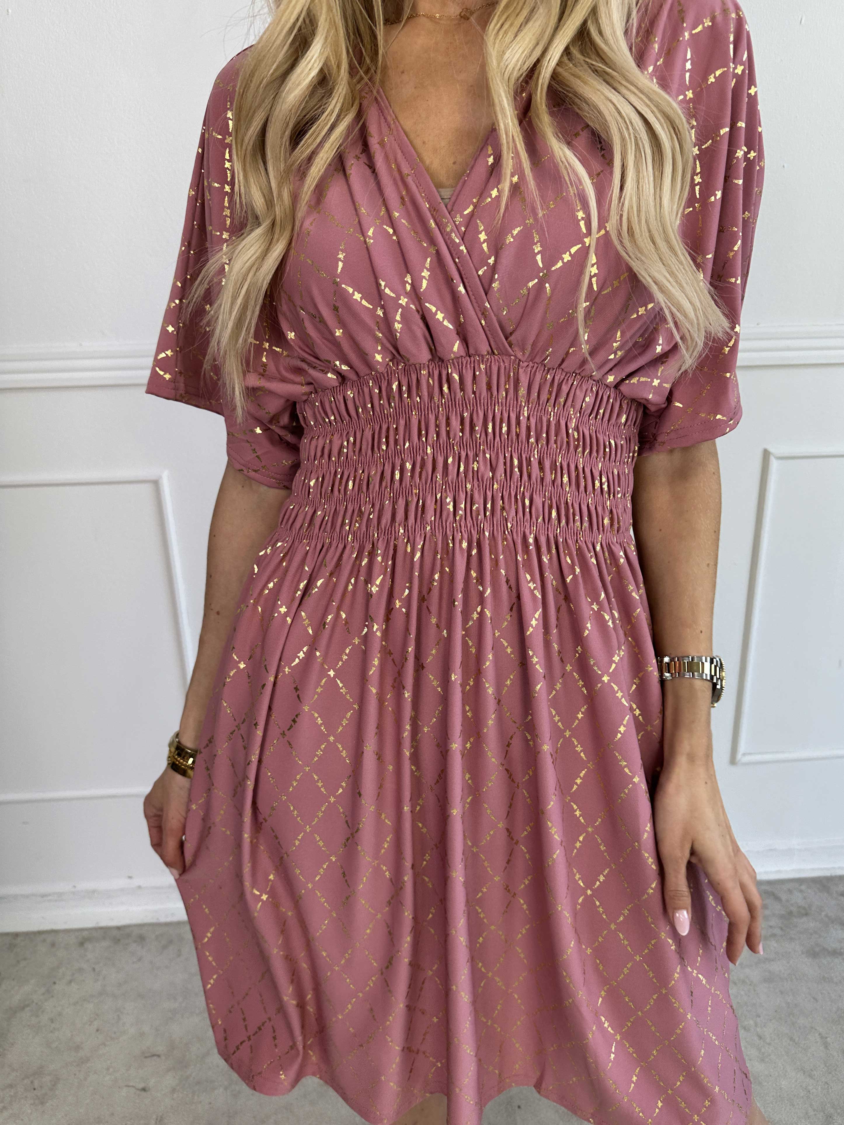 Pams Gold Check Short - Kort elastisk klänning med gulddetaljer