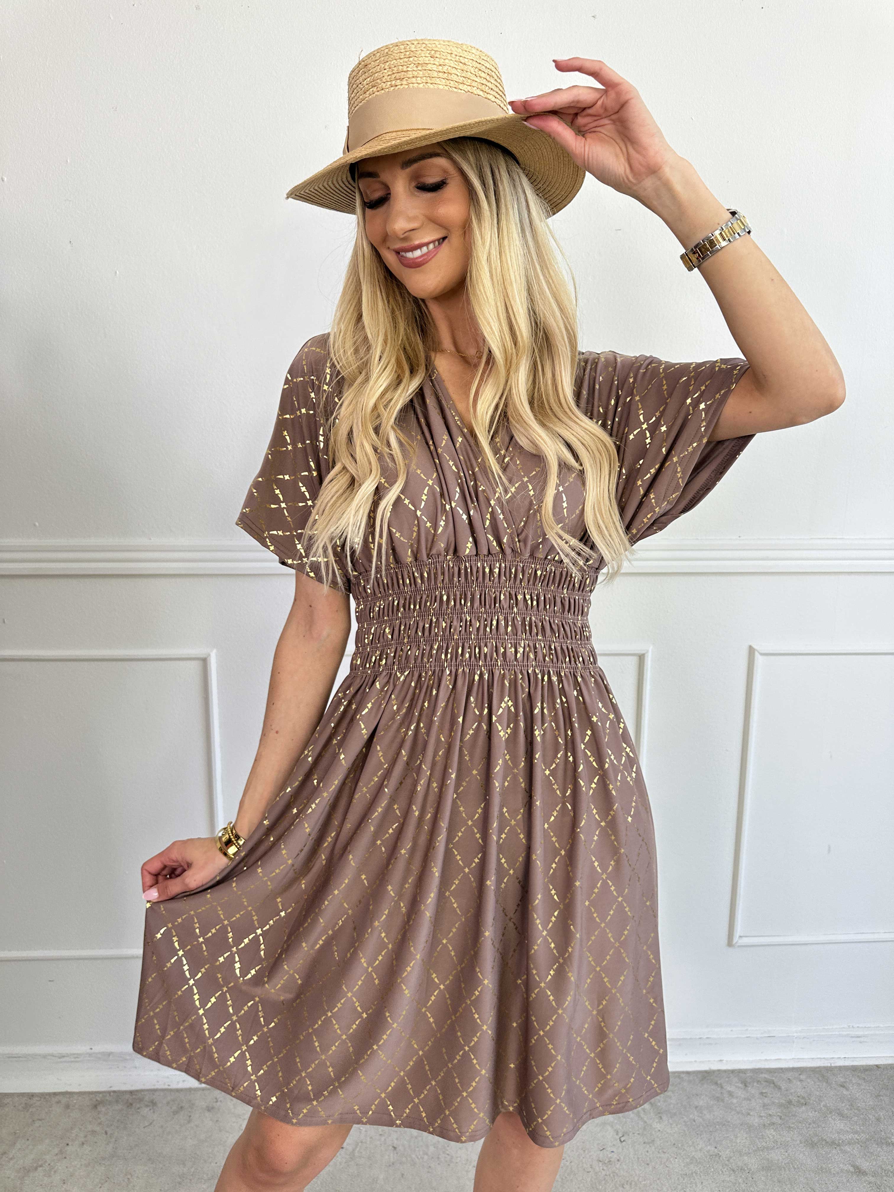 Pams Gold Check Short - Kort elastisk klänning med gulddetaljer