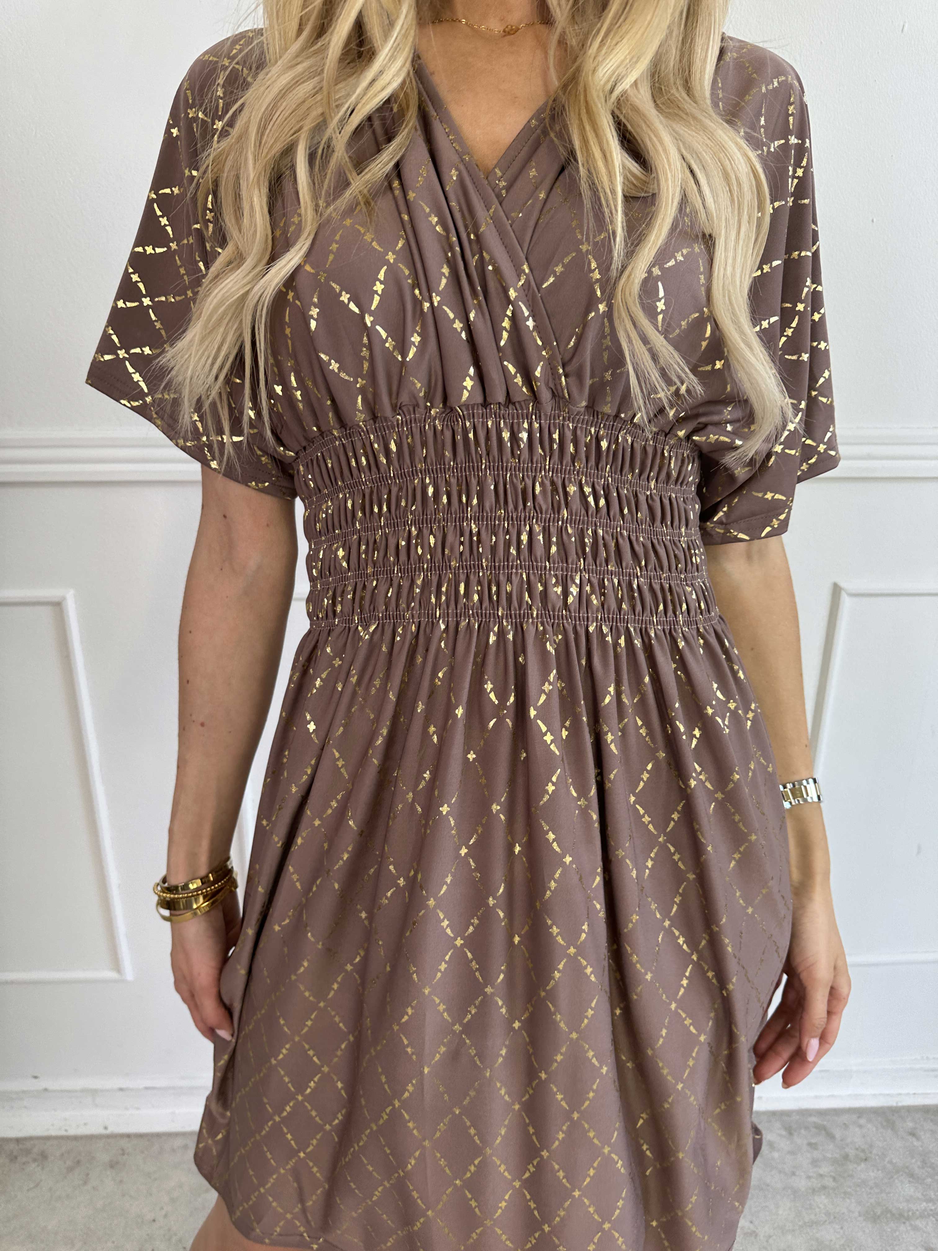 Pams Gold Check Short - Kort elastisk klänning med gulddetaljer