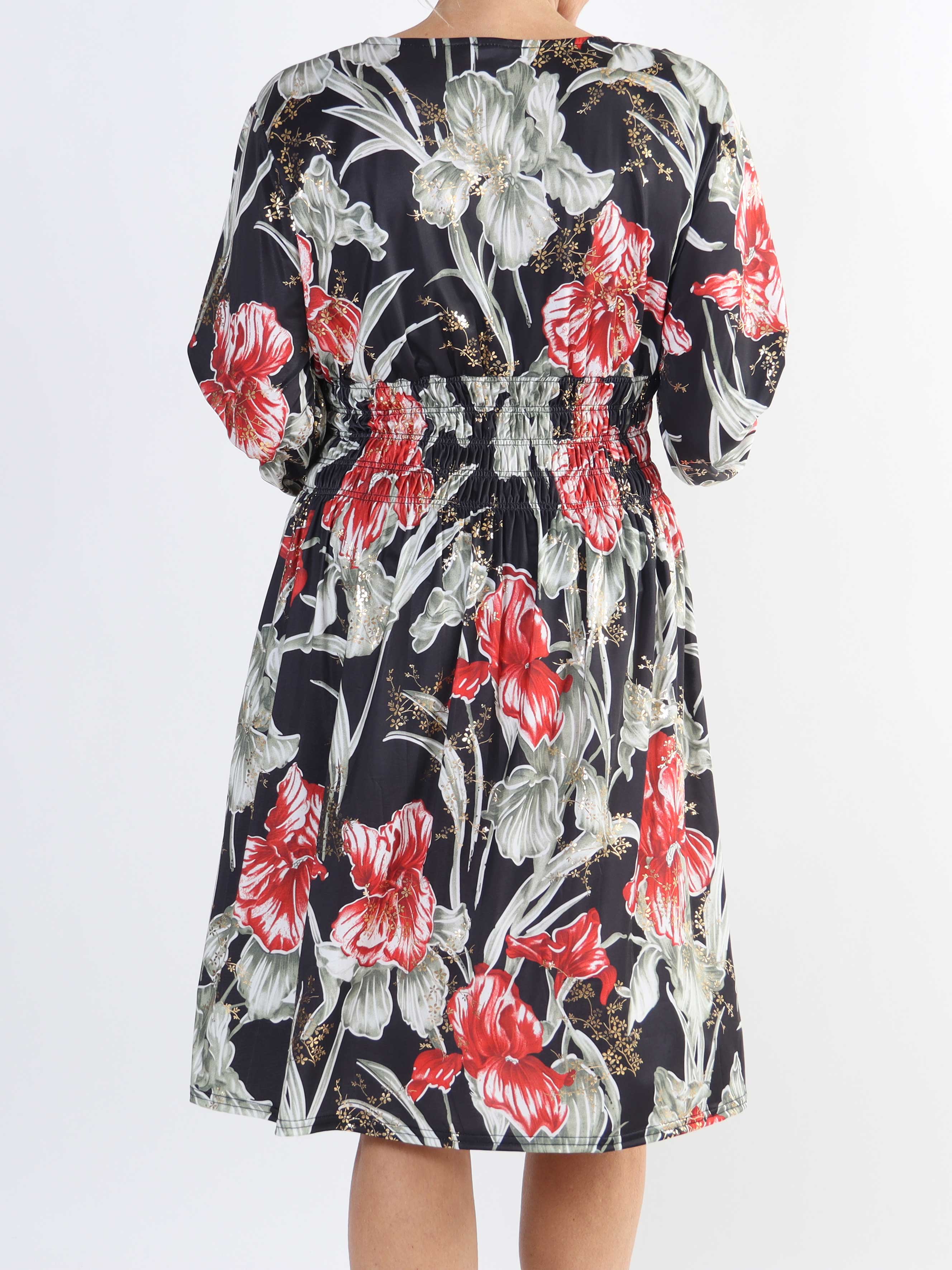 Pams Flower Short L/S - Elastisk mönstrad plus size-klänning i skrynkelfritt tyg