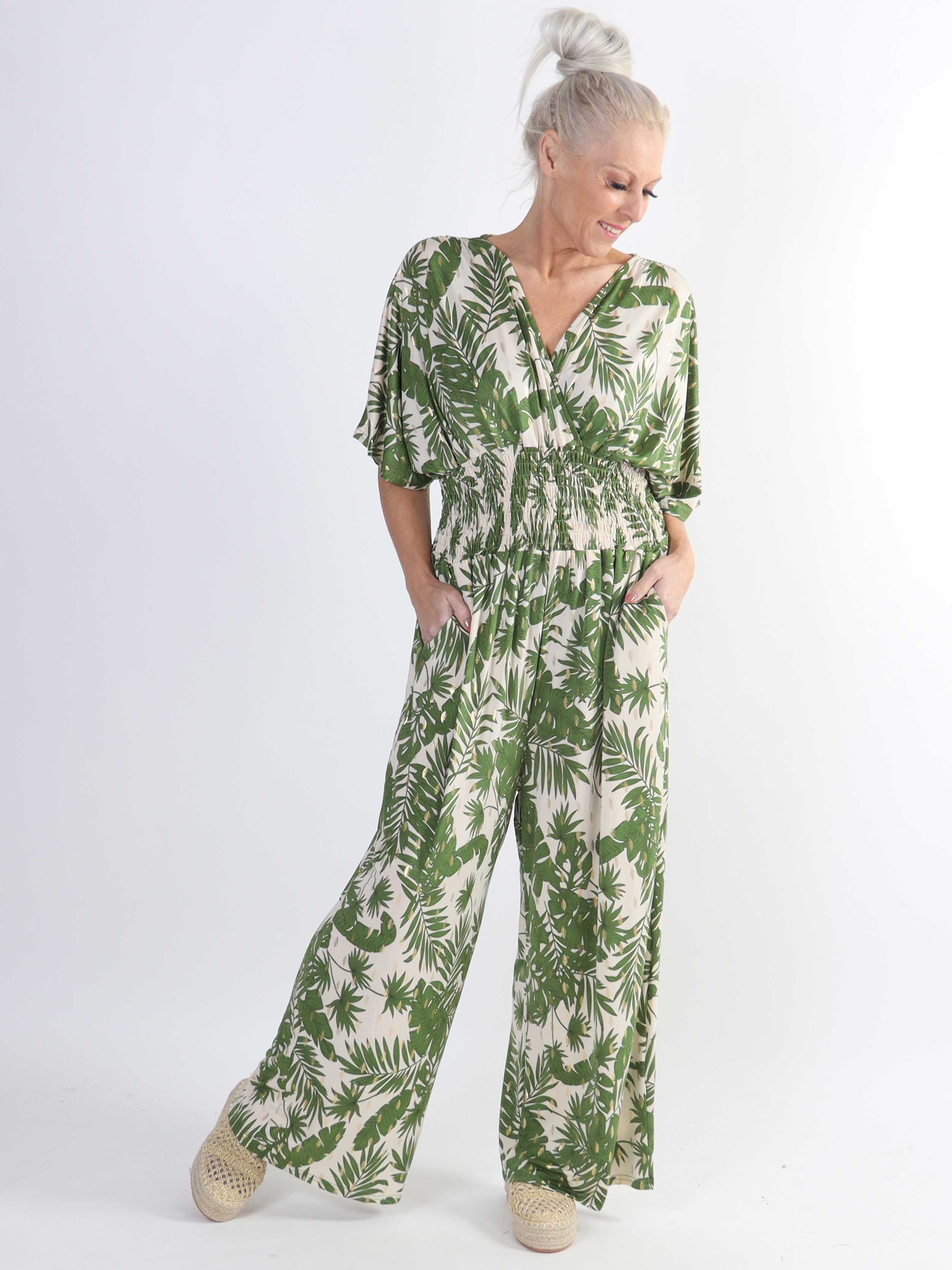 Pams Gold Leaf Jumpsuit - Jumpsuit med resår och bladmönster i stora storlekar