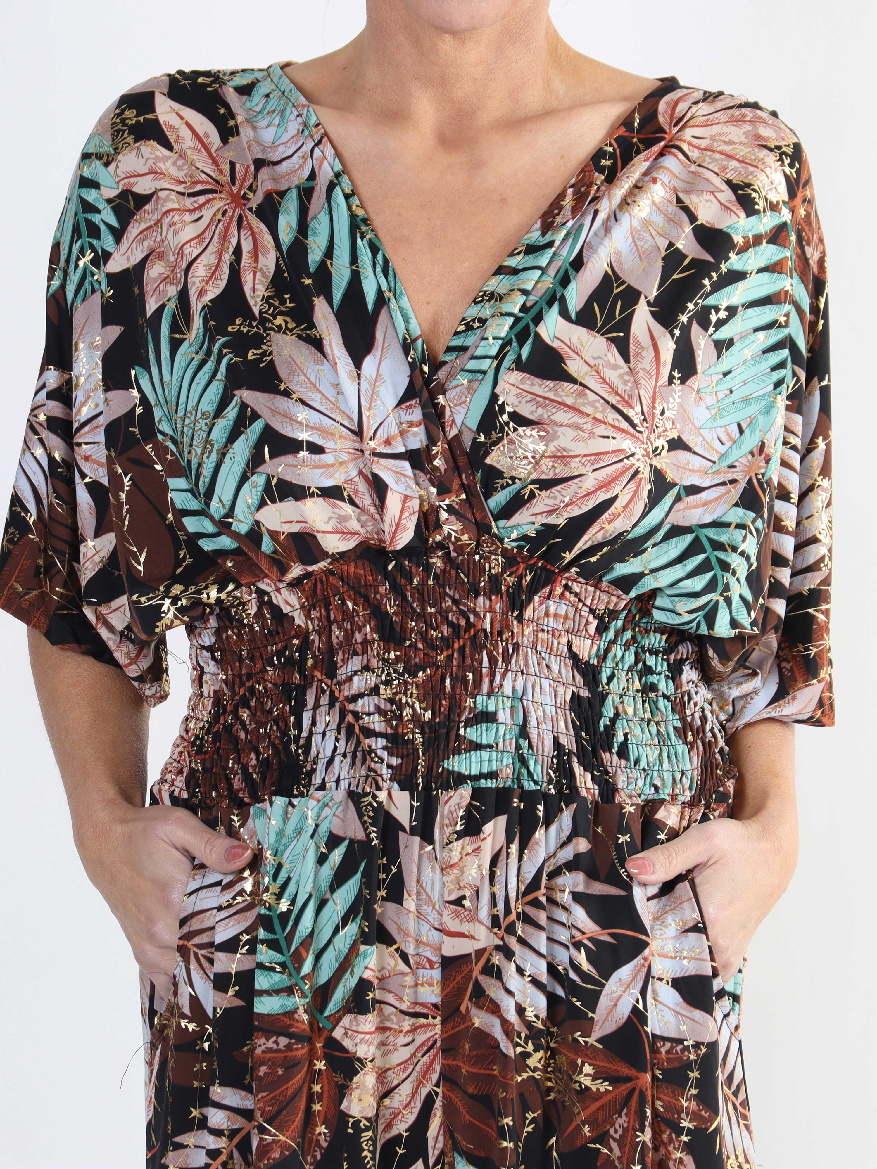 Pams Leaf Jumpsuit - Jumpsuit med resår och bladmönster i stora storlekar