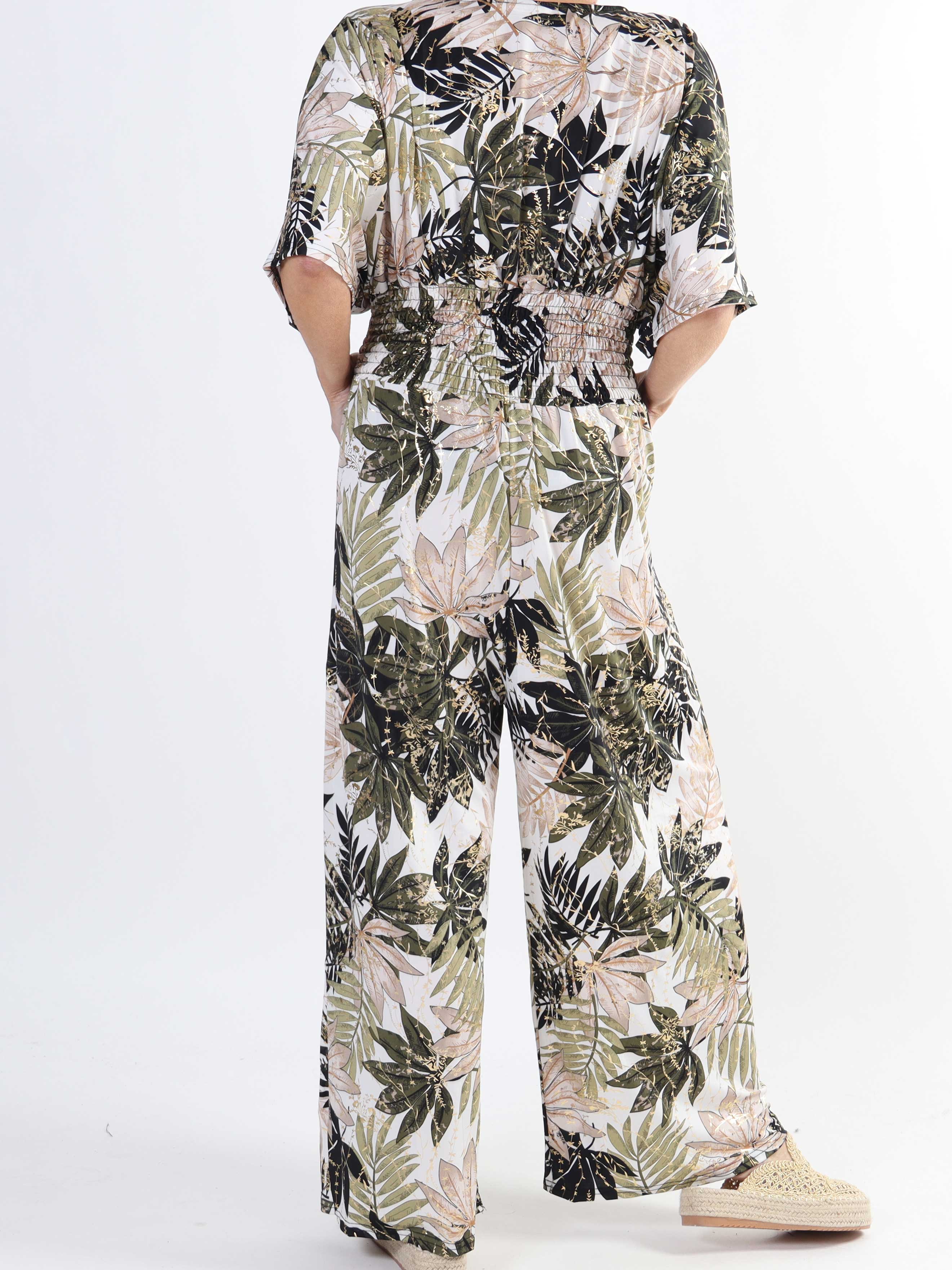 Pams Leaf Jumpsuit - Jumpsuit med resår och bladmönster i stora storlekar