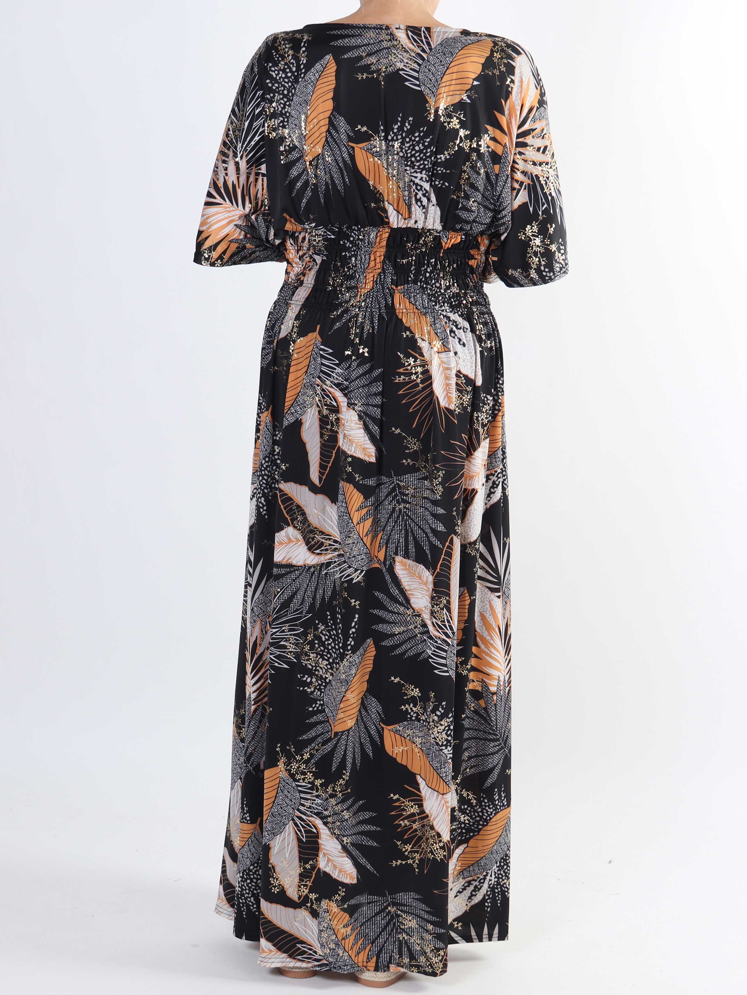 Pams Leafy - Lång stretchig plus size-klänning i skrynkelfritt tyg