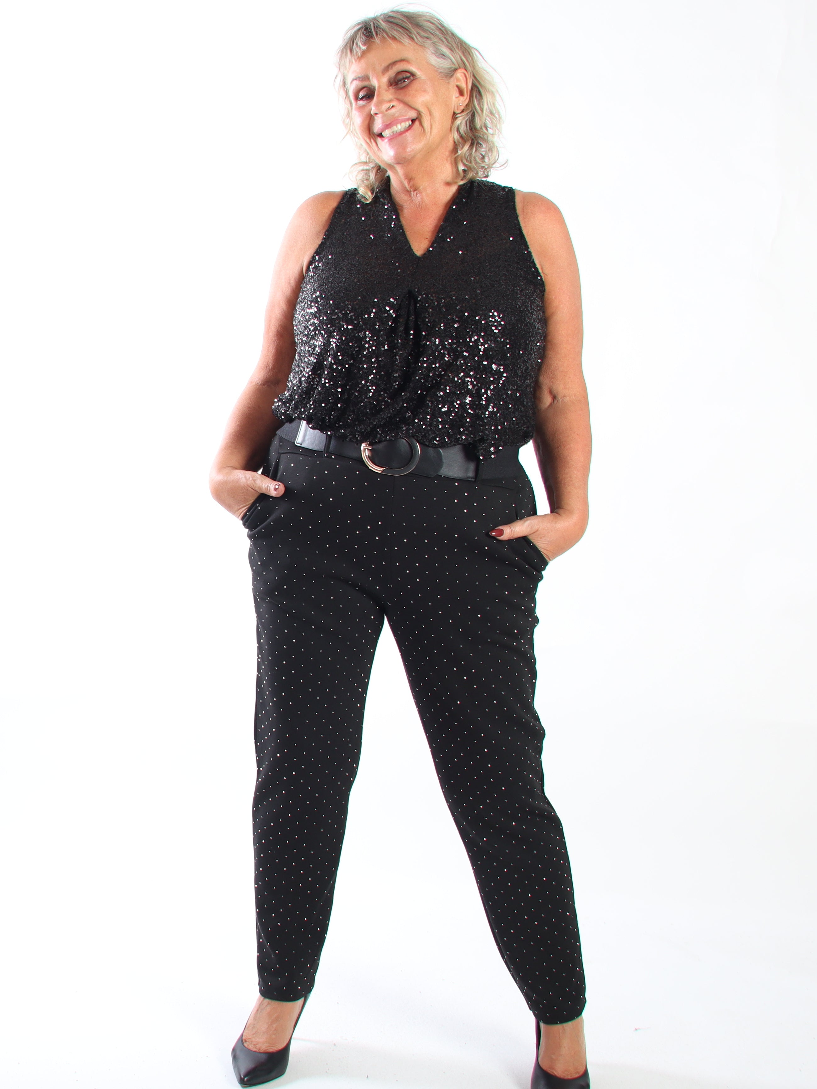 Soleil - Mjuka och stretchiga byxor i plus size i skön viskos med fina strass