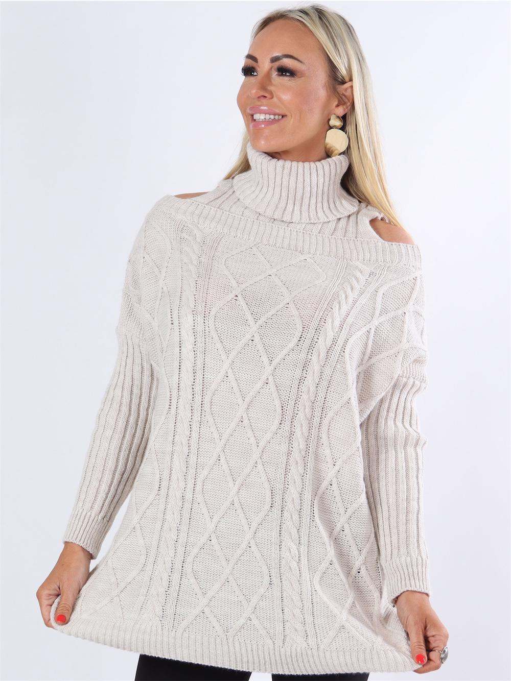 Abira - Beigefärgad stickning med rullkrage och öppna axlar