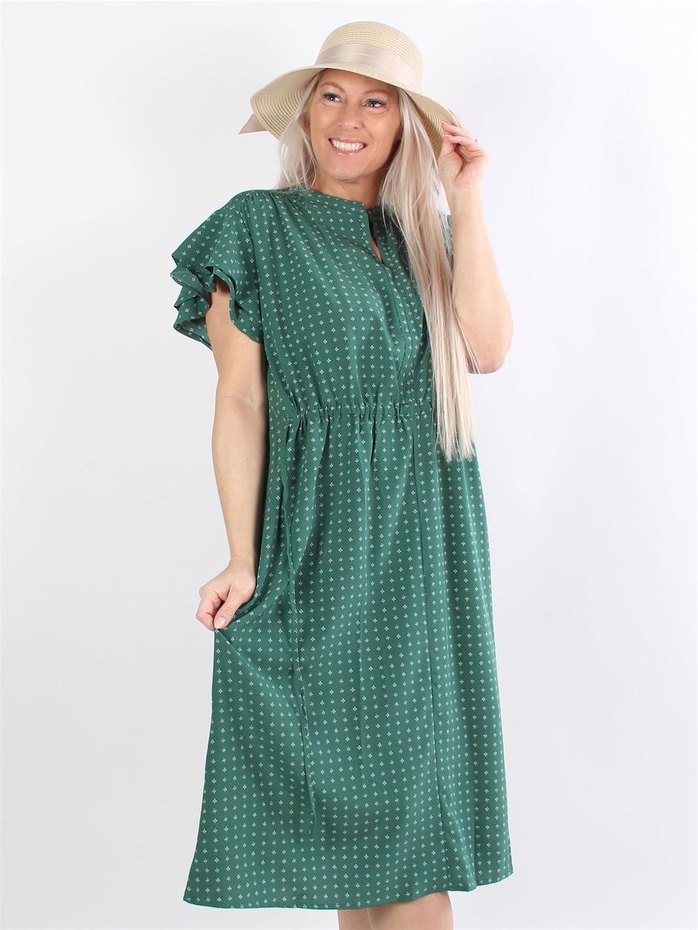 Adelita - Klänning med vitt mönster, volangärmar och band i midjan