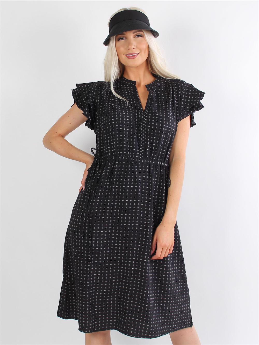 Adelita - Klänning med vitt mönster, volangärmar och band i midjan