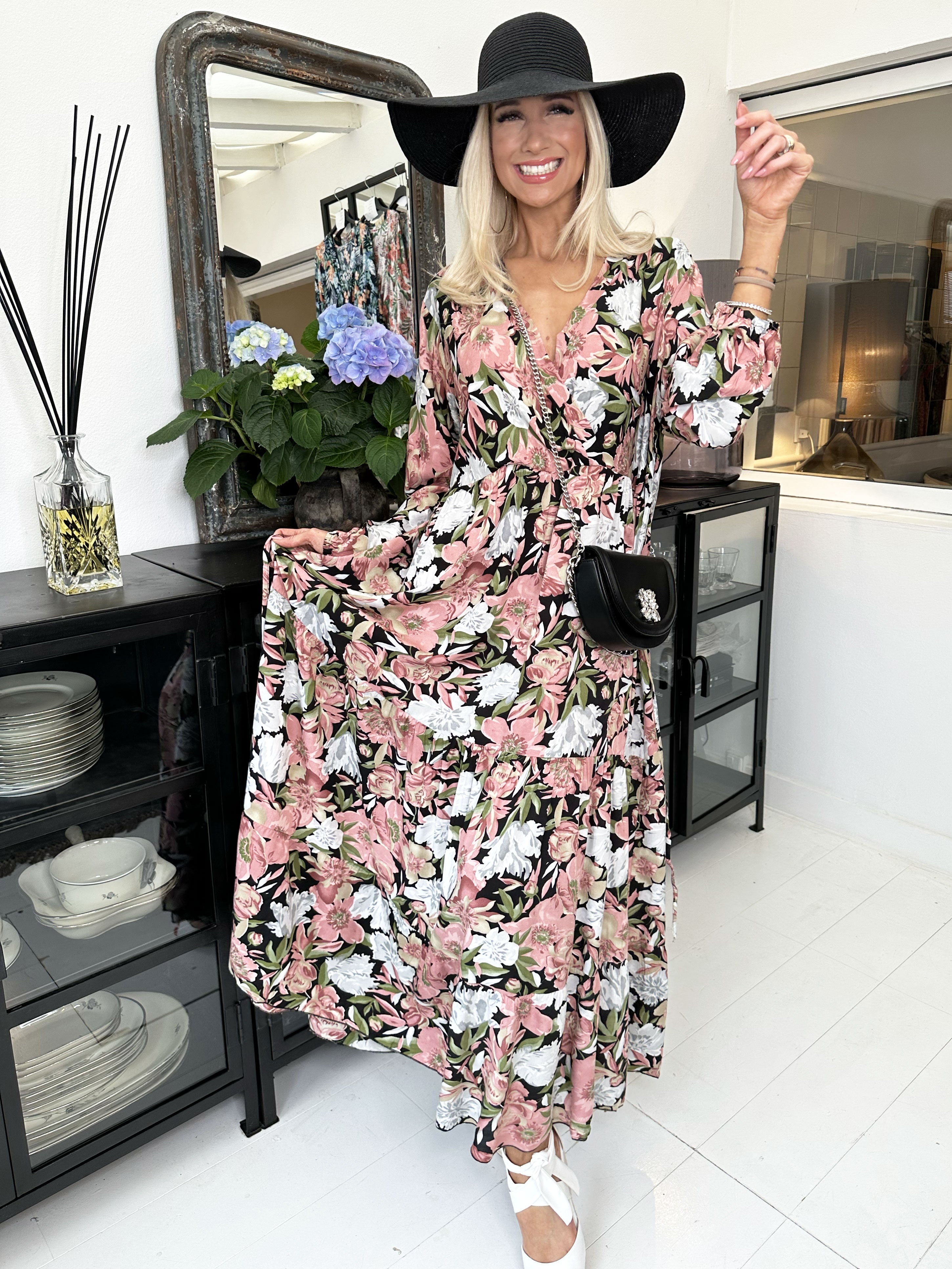 Alasca - Lång blommig klänning med band