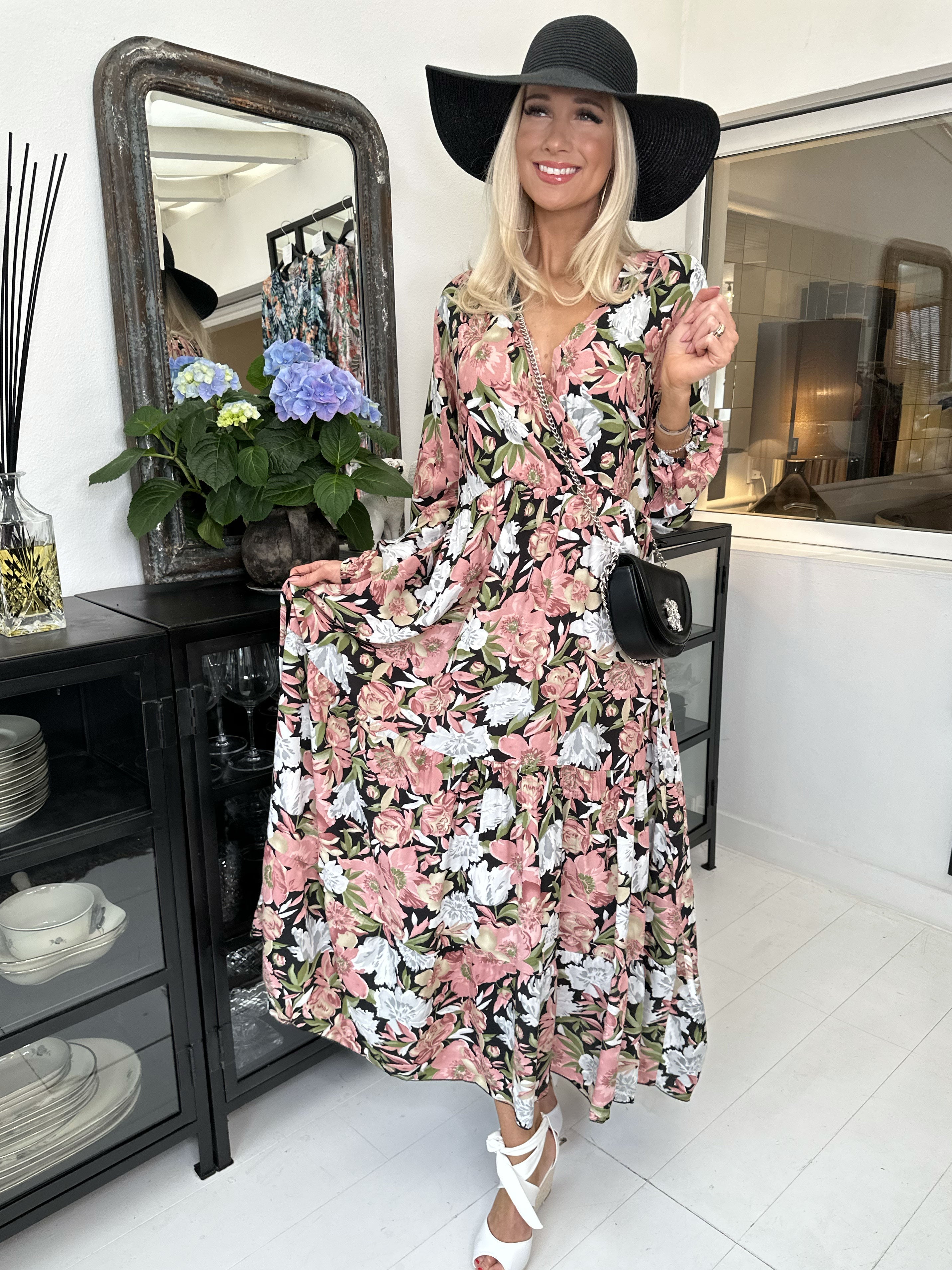 Alasca - Lång blommig klänning med band