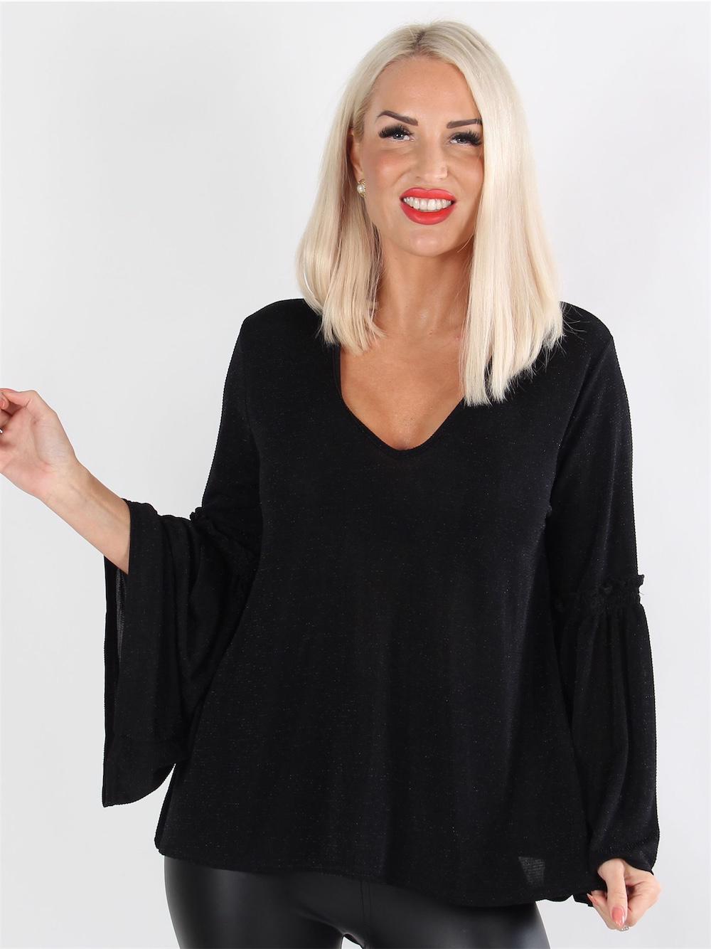Alba - Svart blus med vida ärmar och v-hals
