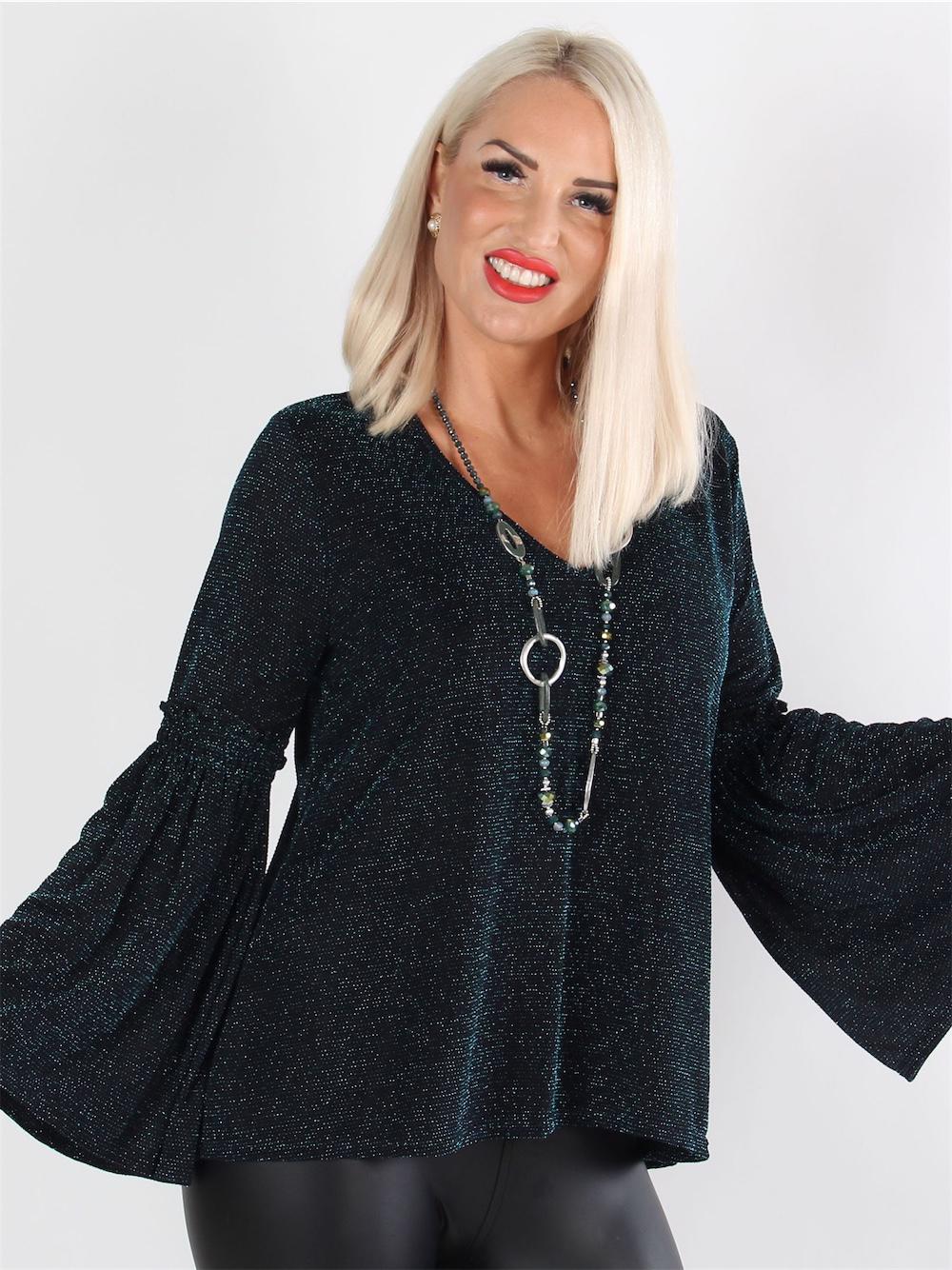 Alba - Svart blus med vida ärmar och v-hals