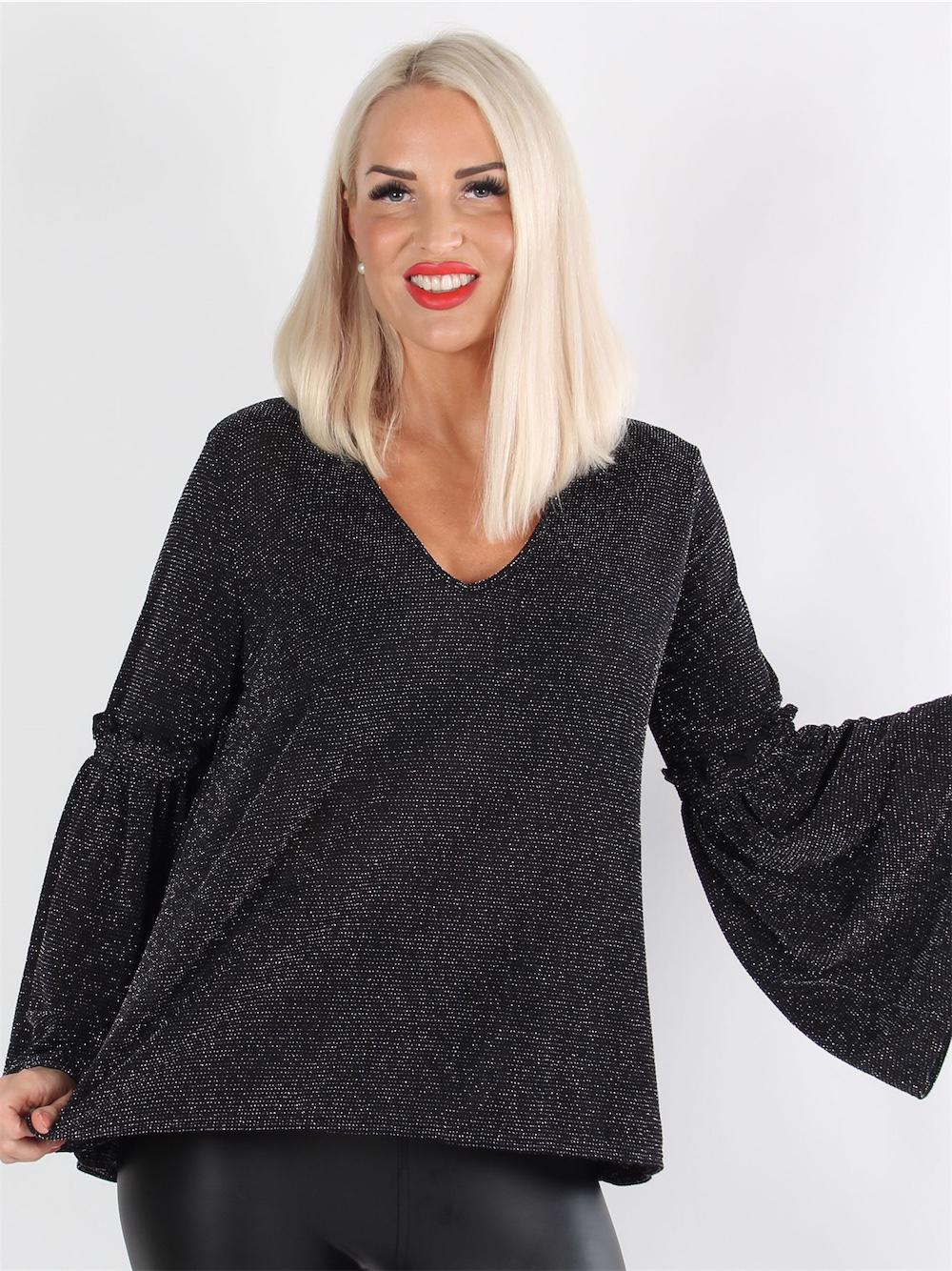 Alba - Svart blus med vida ärmar och v-hals