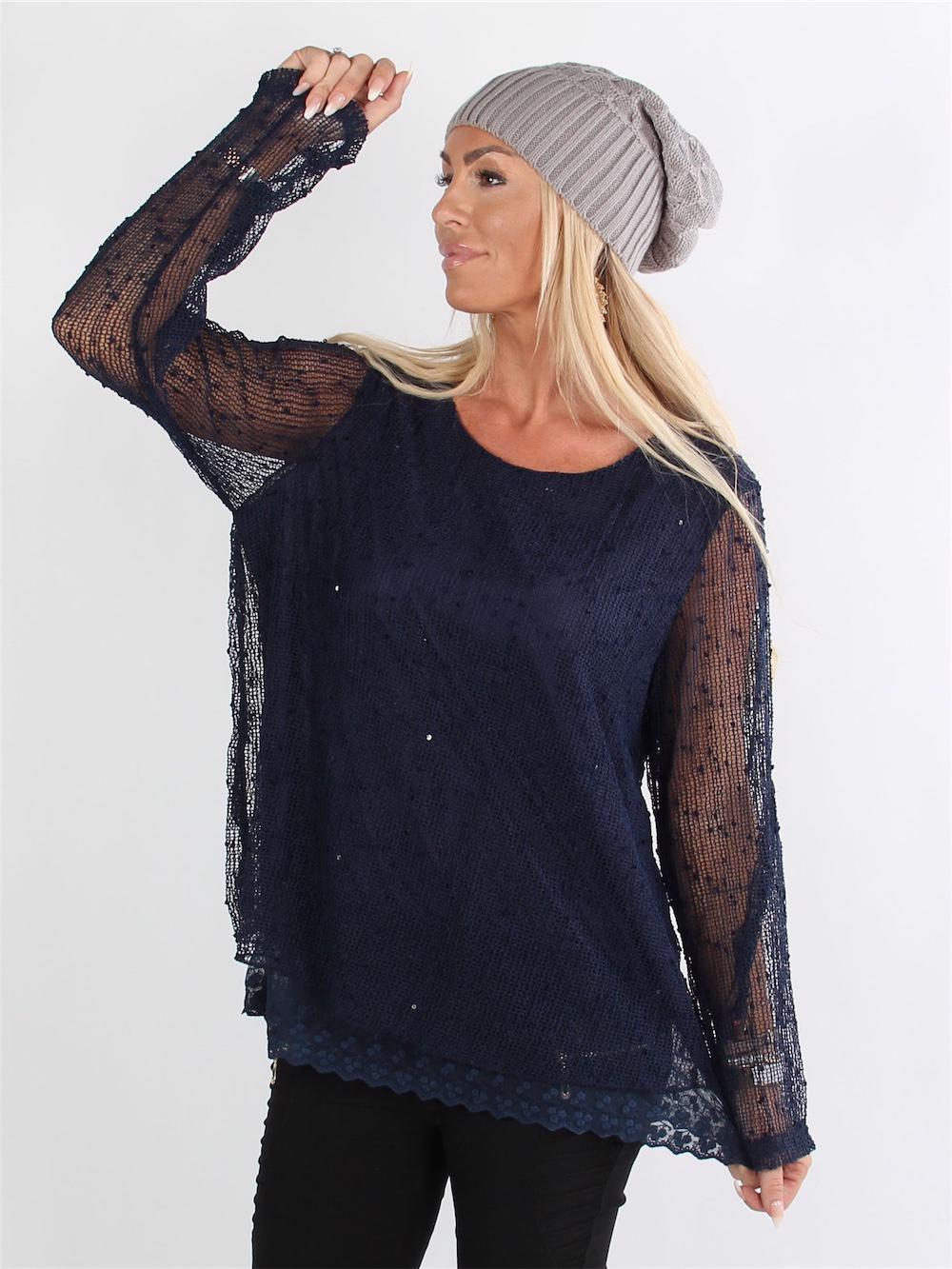 Aleia - Svart blus med spets och spetsmönster på undersidan