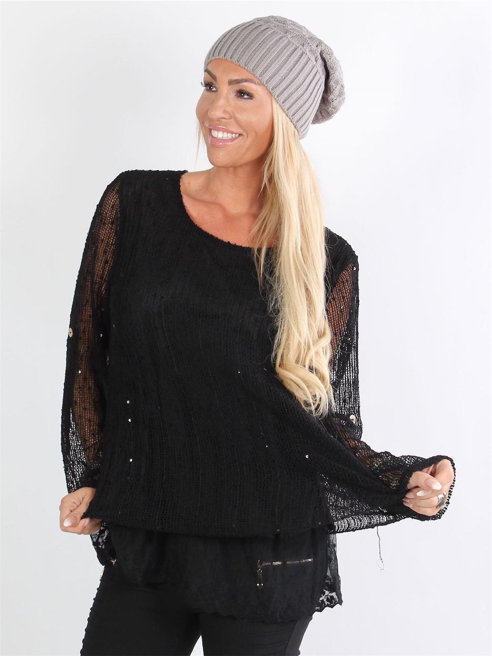 Aleia - Svart blus med spets och spetsmönster på undersidan