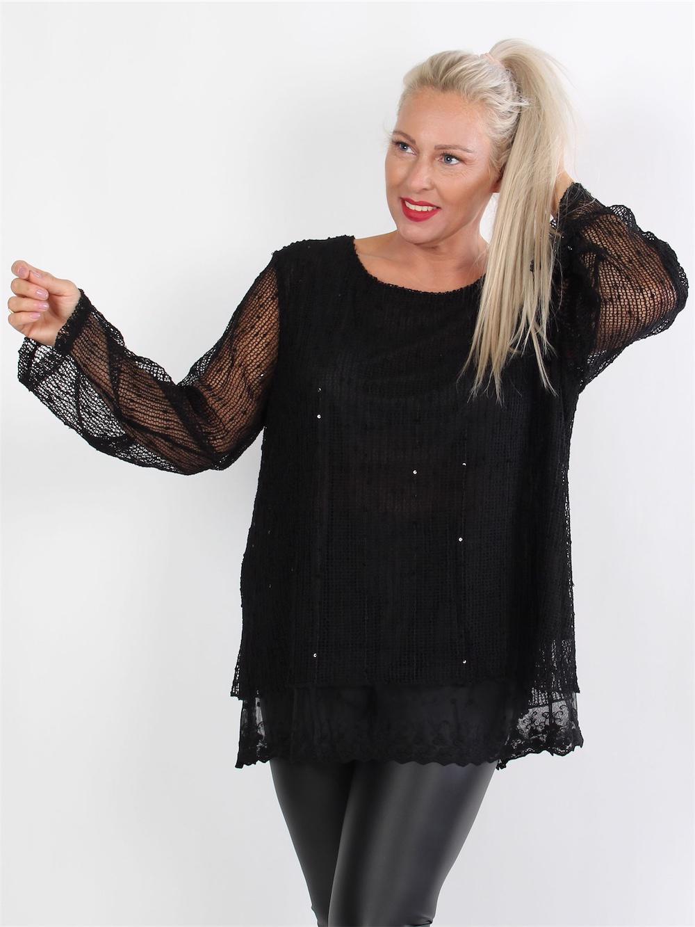 Aleia - Svart blus med spets och spetsmönster på undersidan