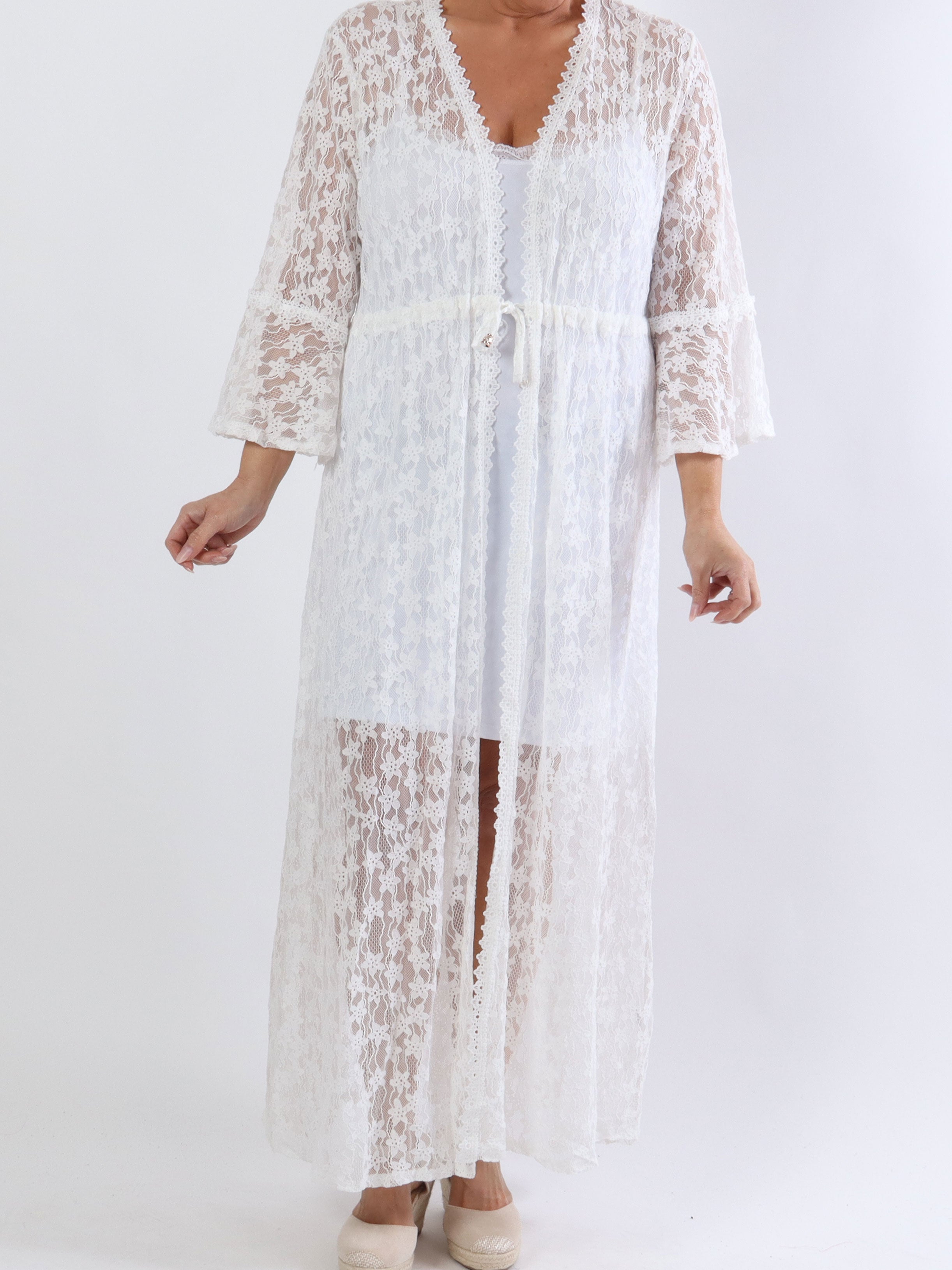 Aleyan - Lång spets kimono i stora storlekar - White